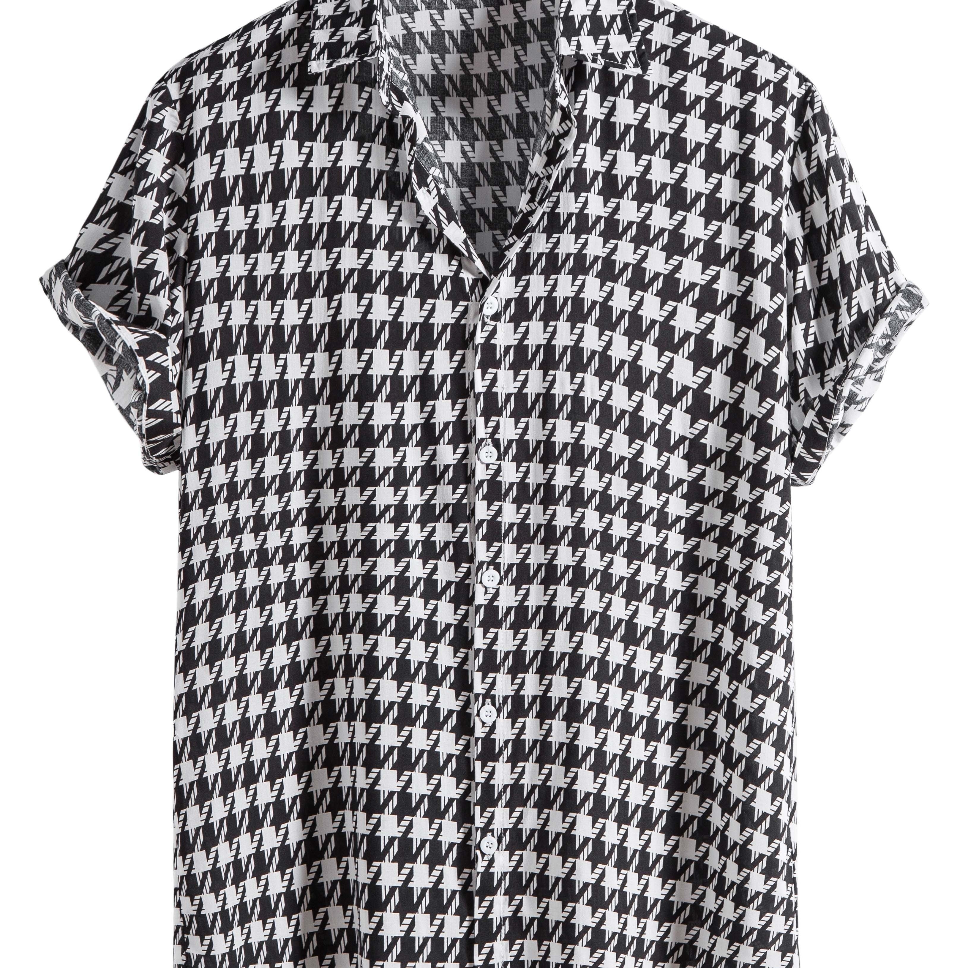 gbolsos   Houndstooth Print -  Button Up Short Sleeve Shirts Summer Casual