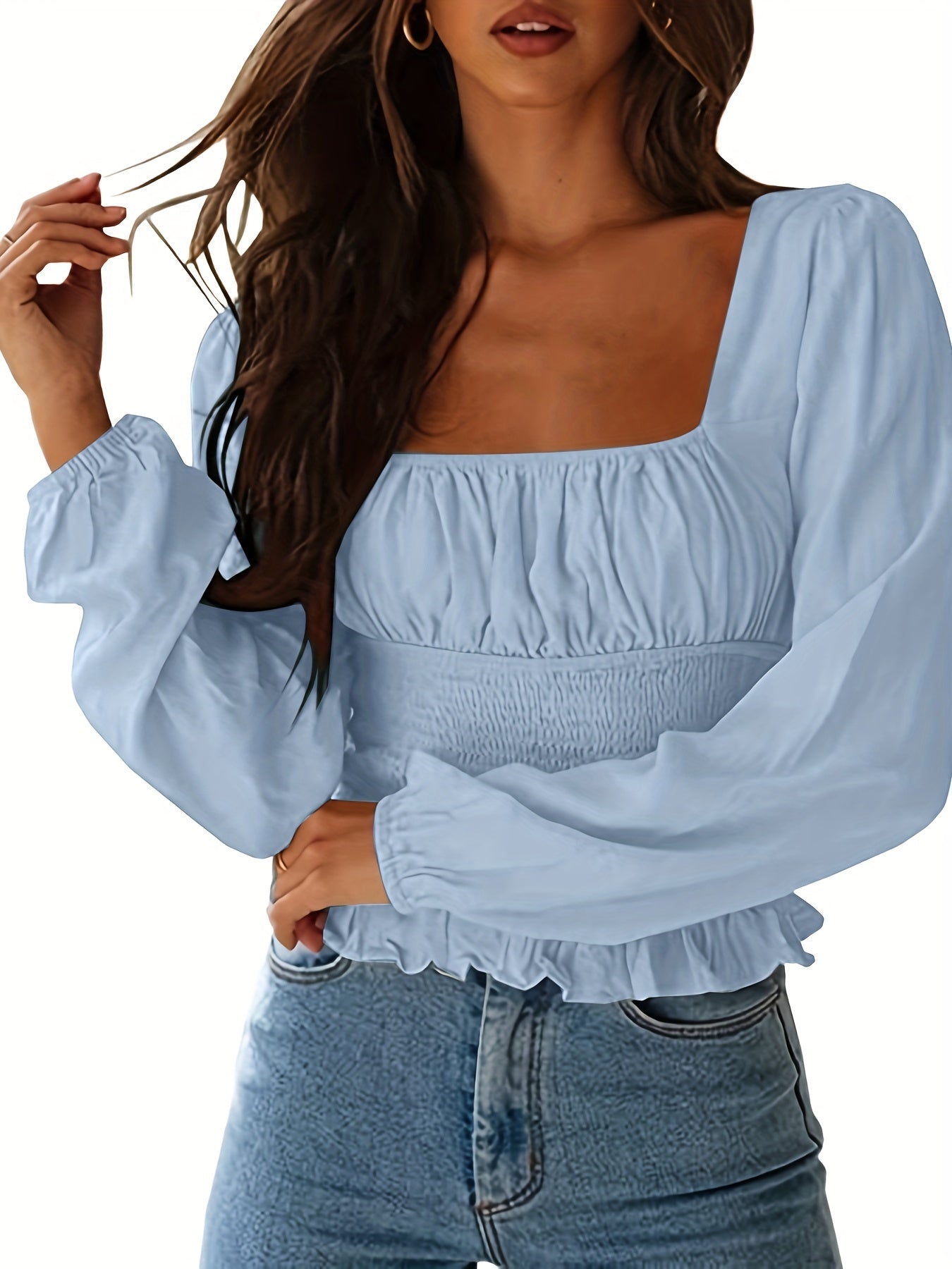 Square Neck Frill Smock Crop Blouses, Sexy Shirred Long Sleeve Fashion Shirts Crop Tops, Women's Clothing