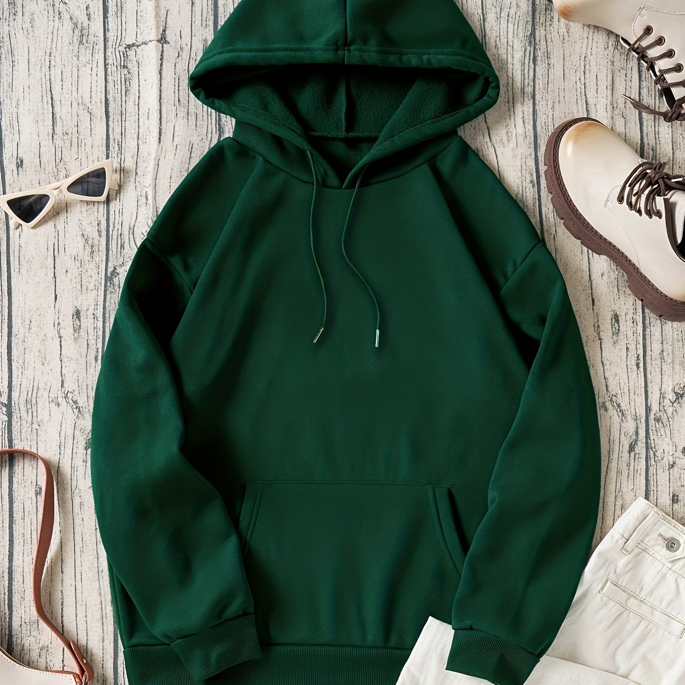 gbolsosSolid Color Casual Sports Hooded Sweatshirts, Front Pocket Drawstring Hoodie, Women's Sporty Sweatshirts
