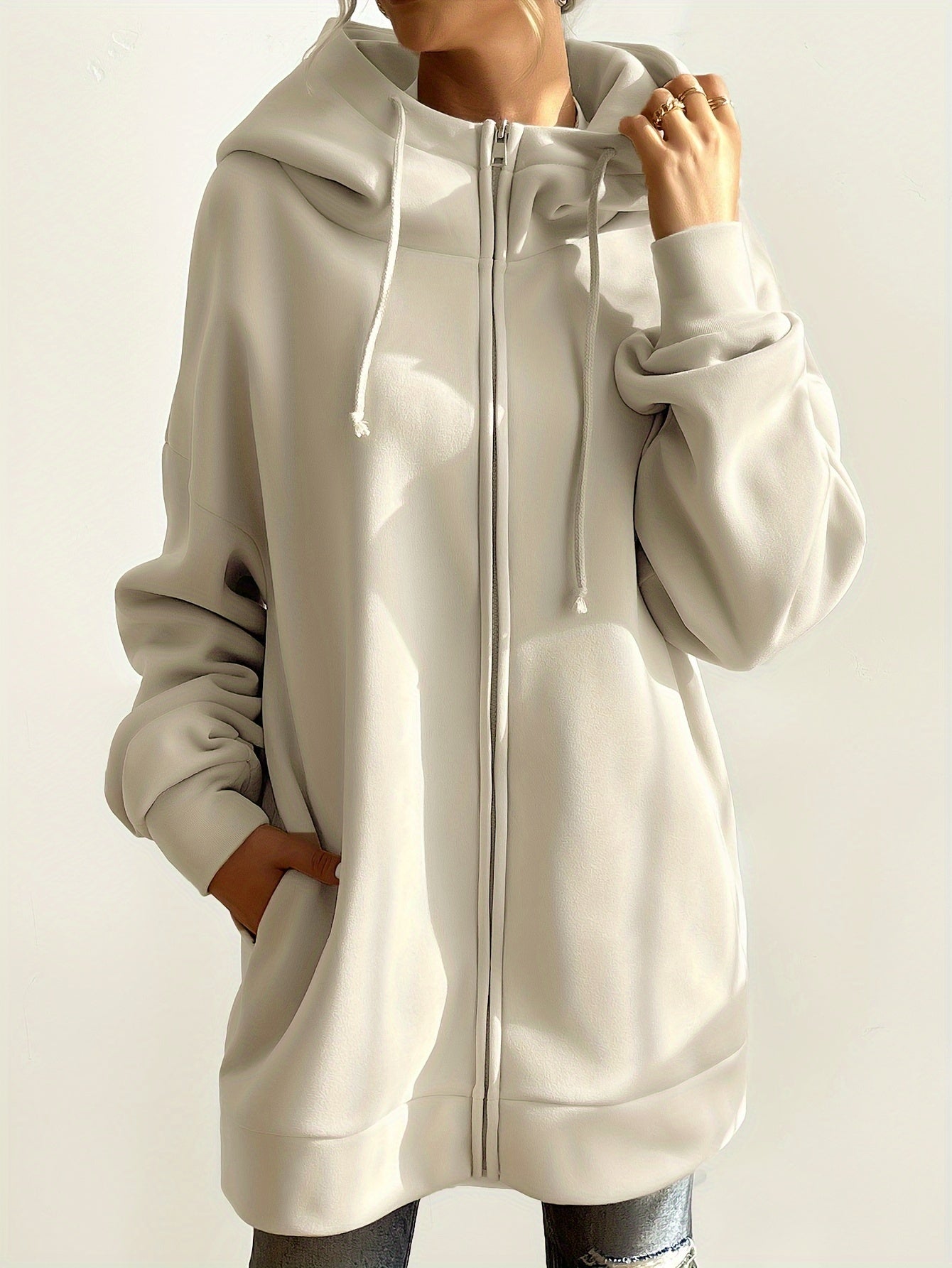 gbolsosSolid Color Casual Sports Hooded Zipper Sweatshirs, Long Sleeve Drawstring Hoodie, Women's Sporty Sweatshirts