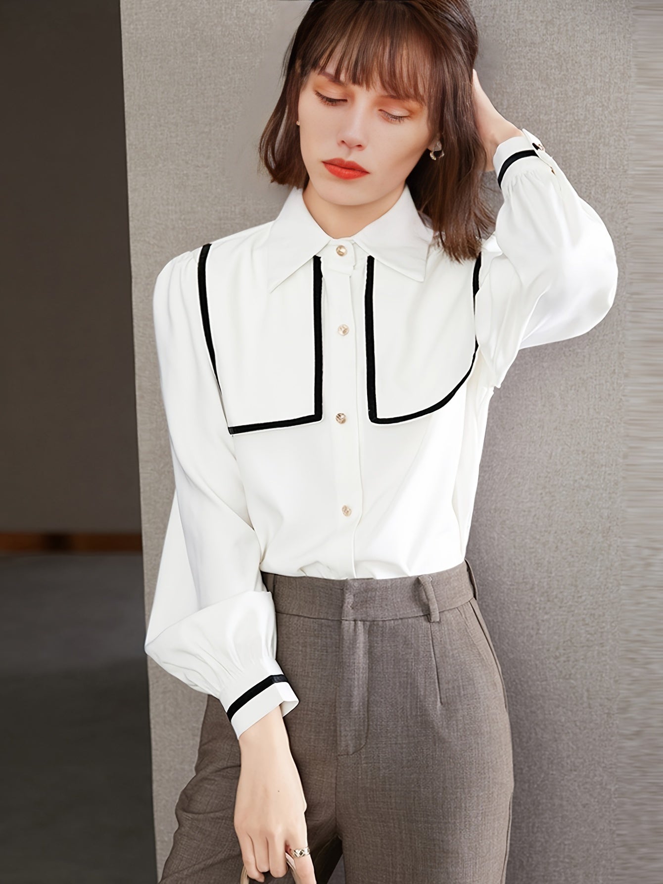 gbolsos  V-neck Loose Lapel Blouses, Casual Button Down Long Sleeve Shirts Tops, Women's Clothing