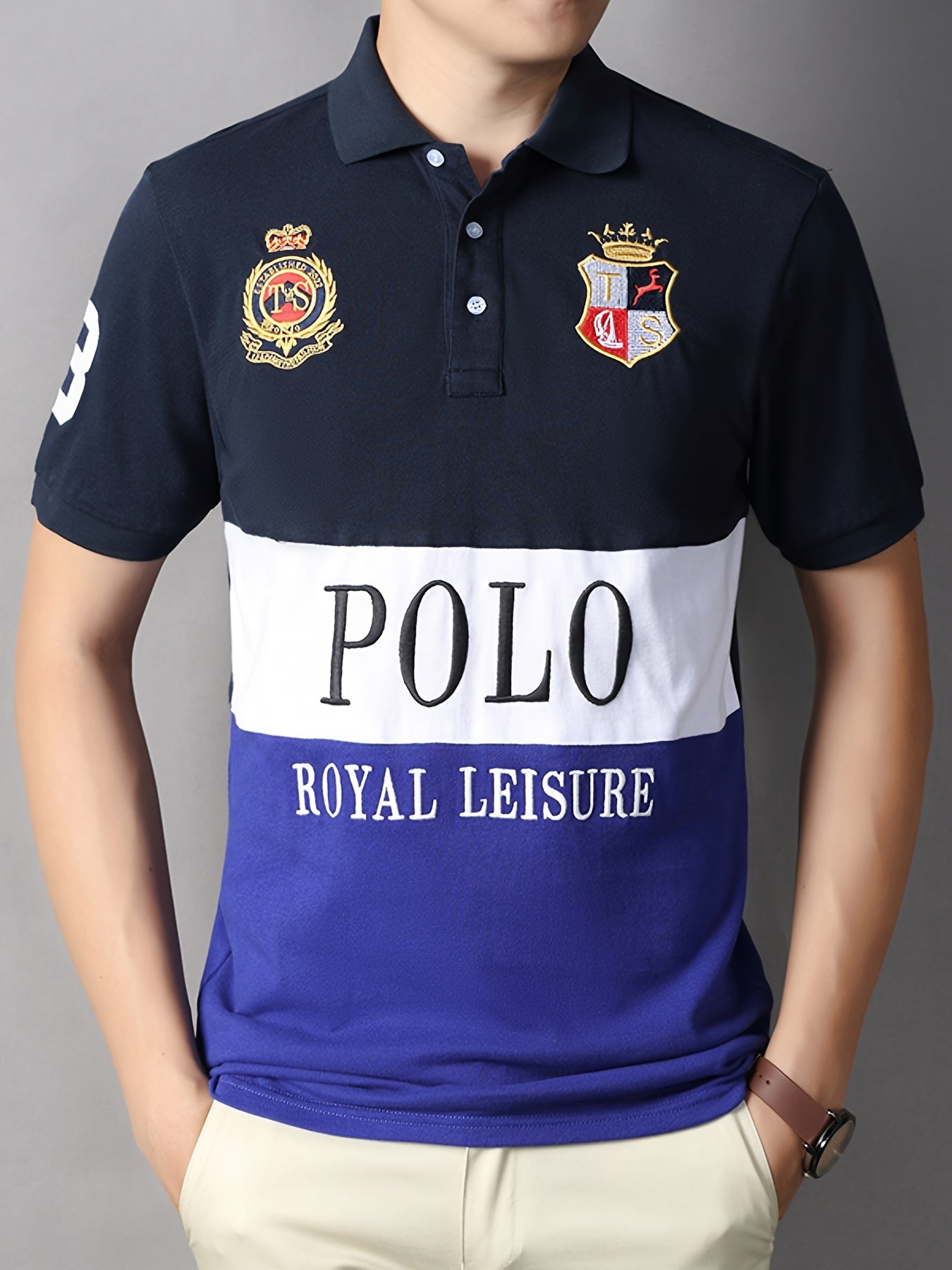 Men's Slit Contrast Slim Cotton Embroidered Polo Shirt
