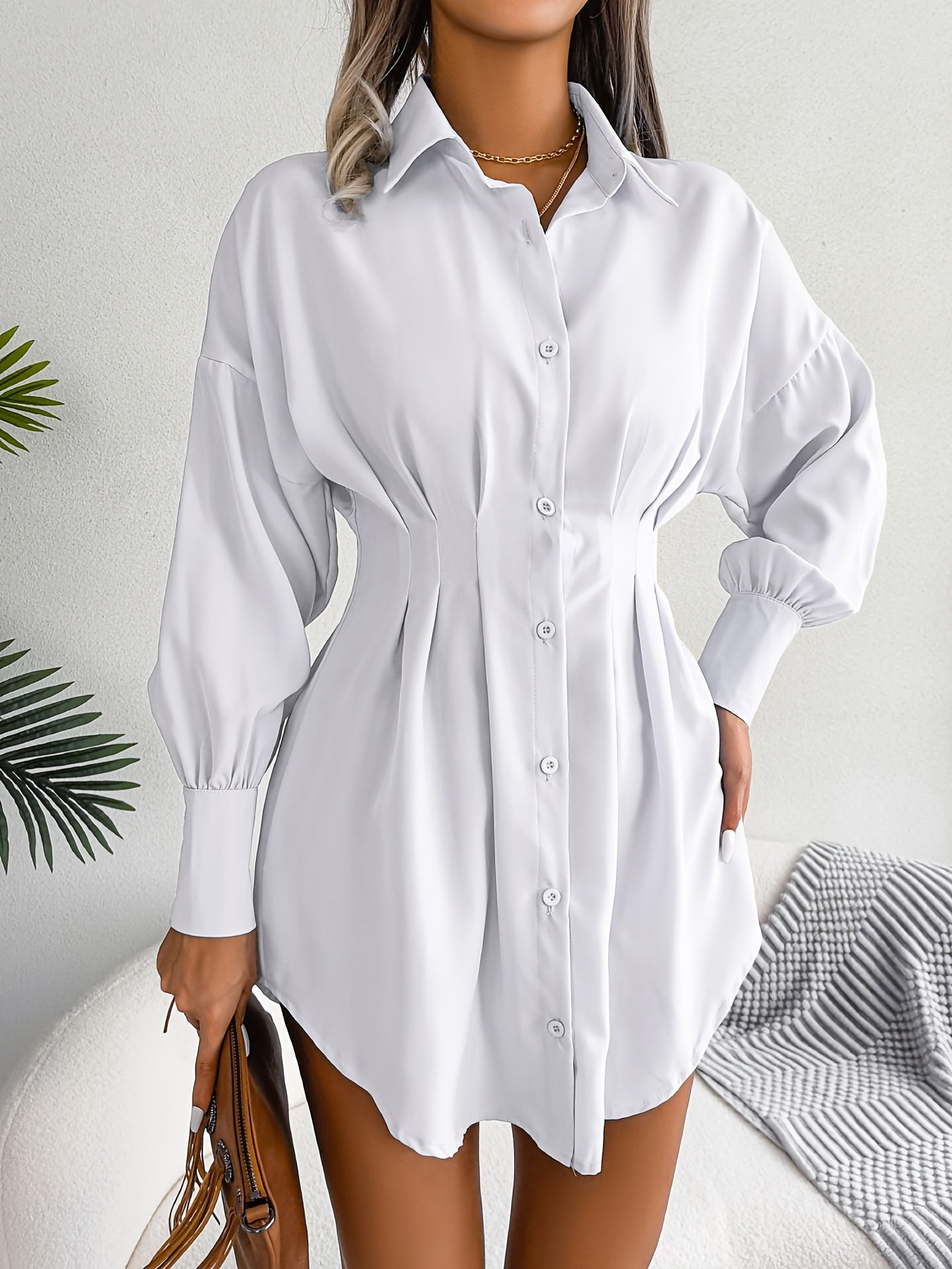 gbolsos  V-neck Loose Lapel Long Blouses, Casual Button Down Lantern Long Sleeve Fashion Long Shirts Tops, Women's Clothing