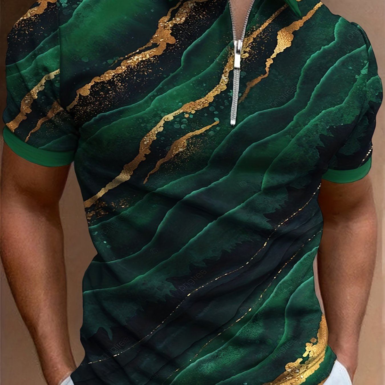 Casual Short Sleeves Polo Shirts, Zipper Striped V-neck Tee, Men's Comfortable Slim Tops Summer Clothing