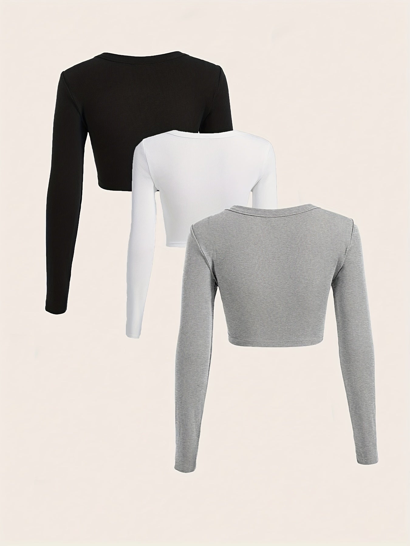 gbolsos  3 Packs Ribbed Square Neck Crop T-Shirts, Casual Long Sleeve Top For Spring & Fall, Women's Clothing