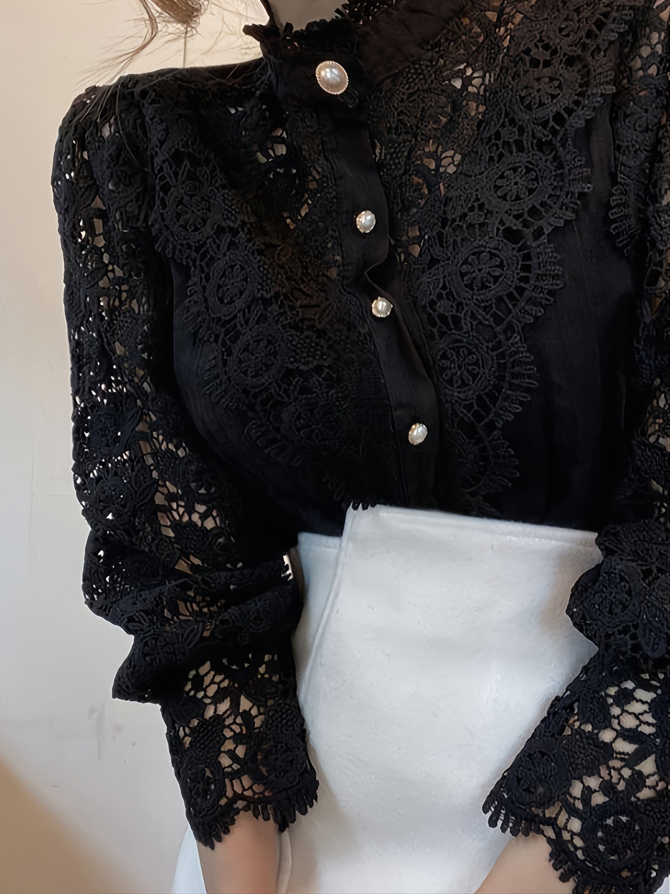 gbolsos  Women's Blouse White Lace Patchwork Shirt  Long Sleeve Hollow Out Vintage Slim Shirts Button Top Blouse