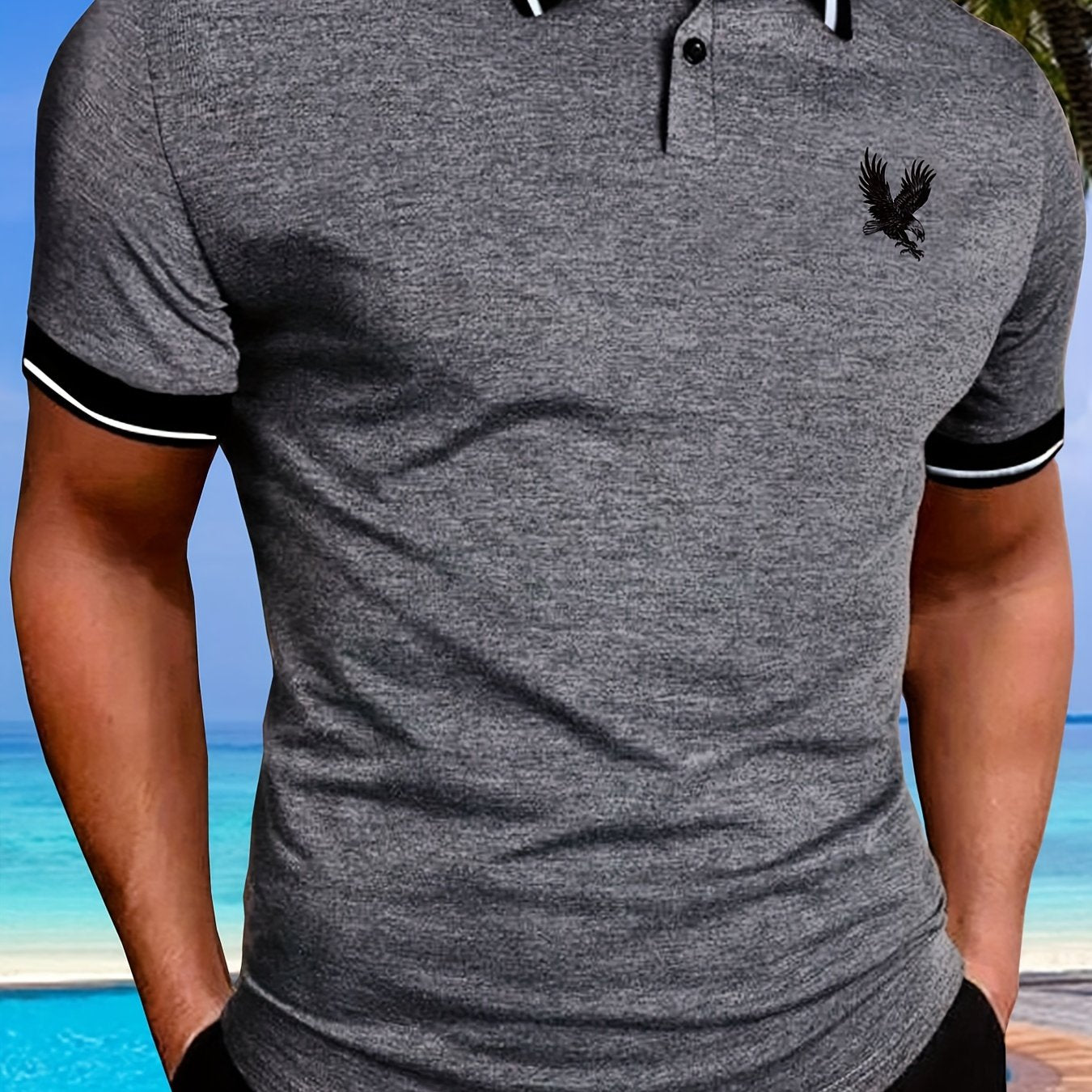 Casual Short Sleeves Button Up Graphic Polo Shirts, V-neck Tops Pullovers, Men's Clothing For Summer