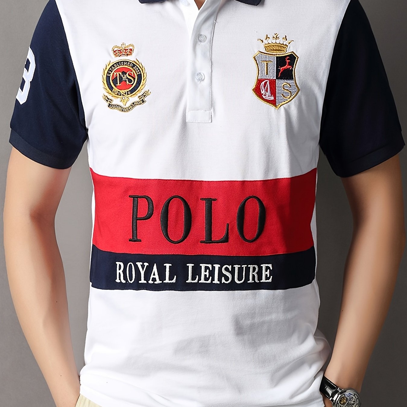 Men's Slit Contrast Slim Cotton Embroidered Polo Shirt