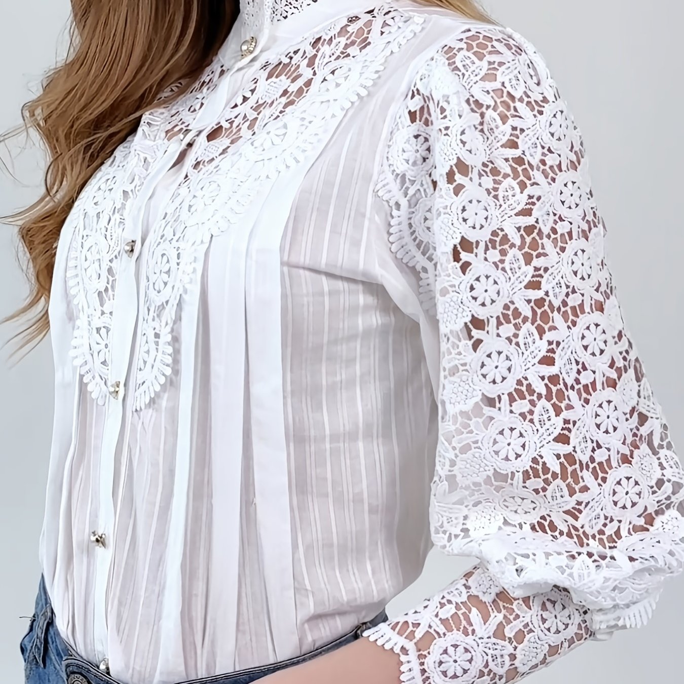 gbolsos  Women's Blouse White Lace Patchwork Shirt  Long Sleeve Hollow Out Vintage Slim Shirts Button Top Blouse