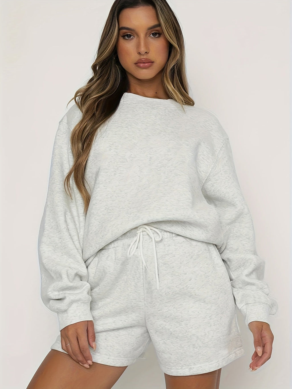 gbolsos  2 Pieces Solid Color Casual Sports Set, Crew Neck Long Sleeve Pullover Shirts & Drawstring Sweatpants, Women's Activewear