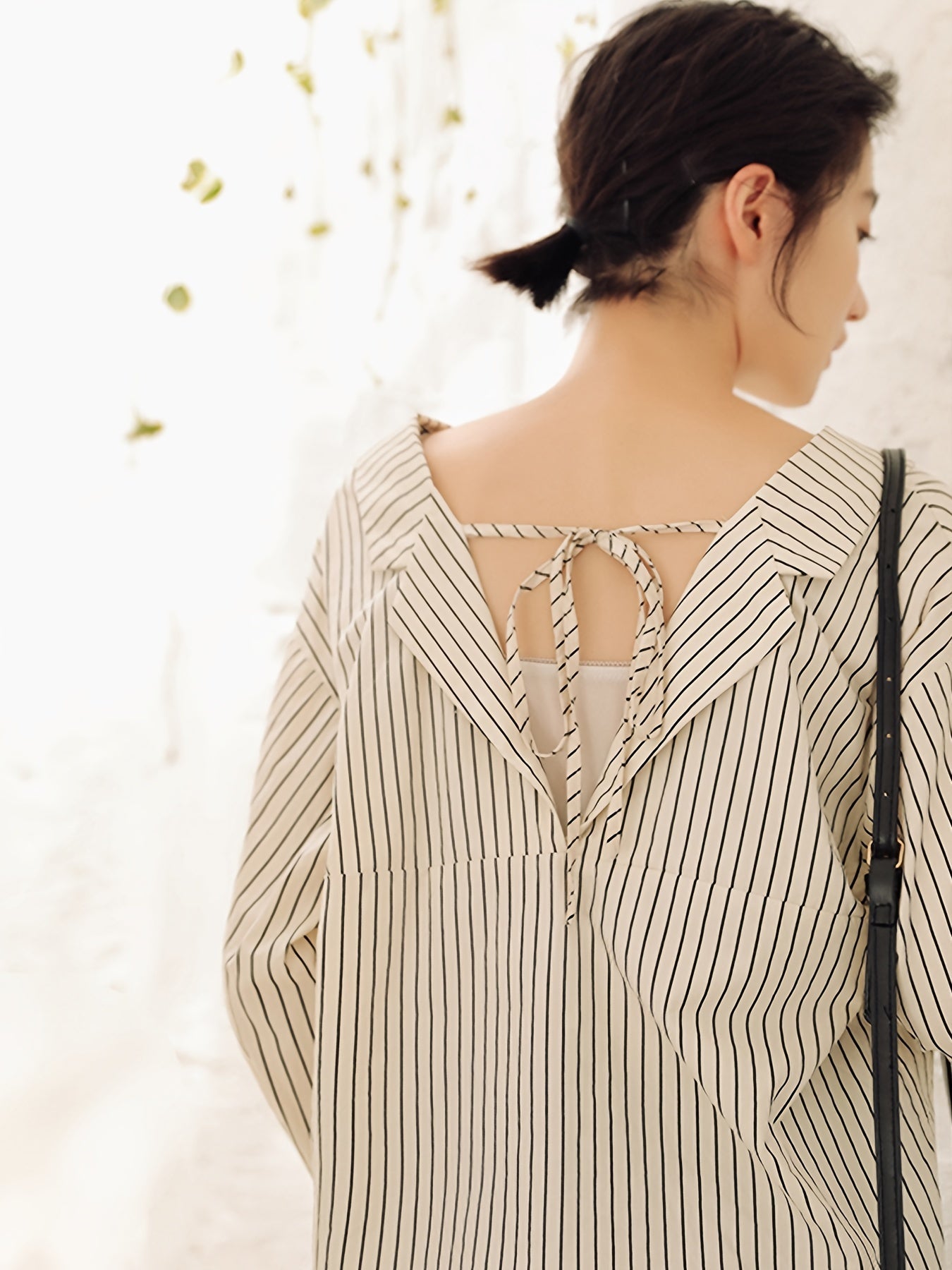 gbolsos  Striped V-neck Loose Blouses, Casual Lace Up Back Button Down Long Sleeve Fashion Shirts Tops, Women's Clothing