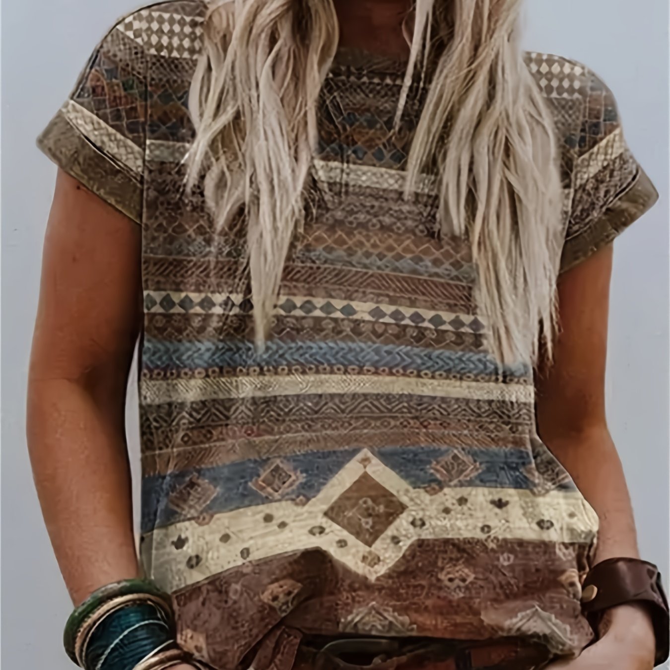 gbolsos  Ethnic Print Crew Neck T-shirt, Casual Western Loose Short Sleeve Summer T-Shirts Tops, Women's Clothing