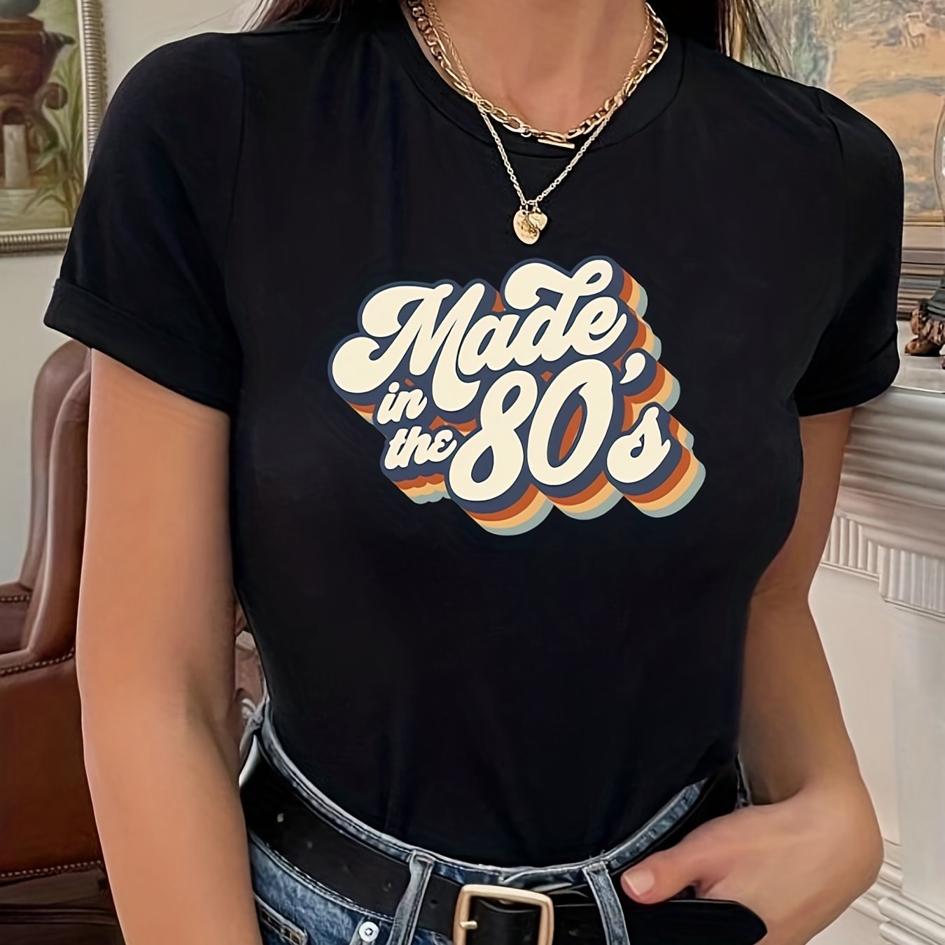 gbolsos  "Made In The 203.2cms" Letter Print T-shirts, Crew Neck Short Sleeve Summer Sports Top, Women's Clothing