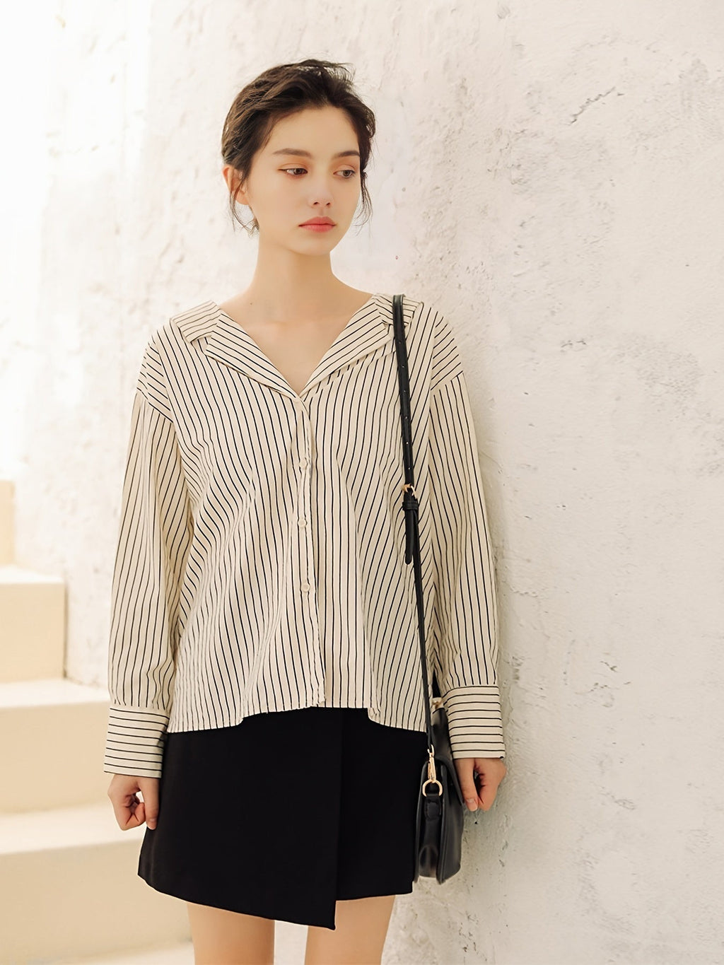 gbolsos  Striped V-neck Loose Blouses, Casual Lace Up Back Button Down Long Sleeve Fashion Shirts Tops, Women's Clothing