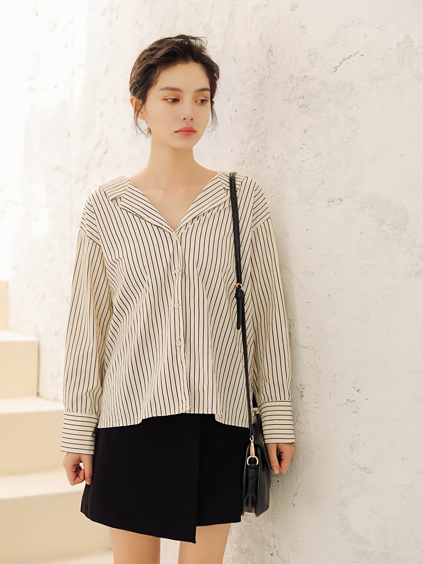 gbolsos  Striped V-neck Loose Blouses, Casual Lace Up Back Button Down Long Sleeve Fashion Shirts Tops, Women's Clothing