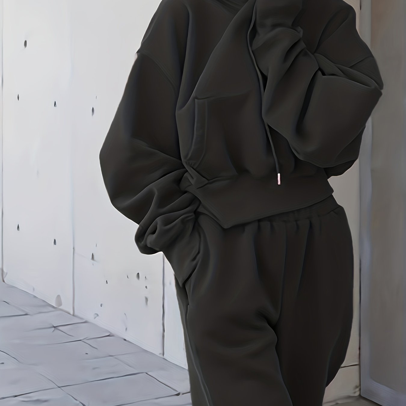 gbolsos  2pcs Athleisure Set, Oversized Solid Hooded Pocket Drawstring Sweatshirts & Sweatpants Sets, Women's Clothing