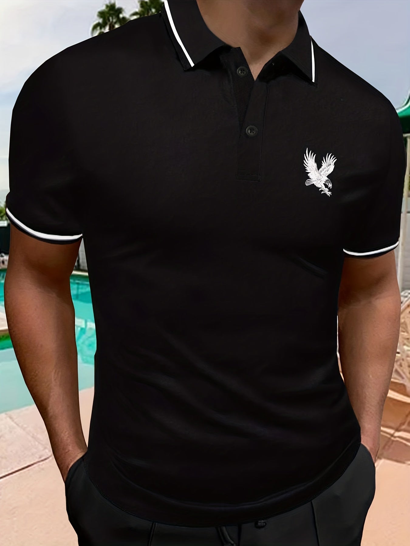 Casual Short Sleeves Button Up Graphic Polo Shirts, V-neck Tops Pullovers, Men's Clothing For Summer