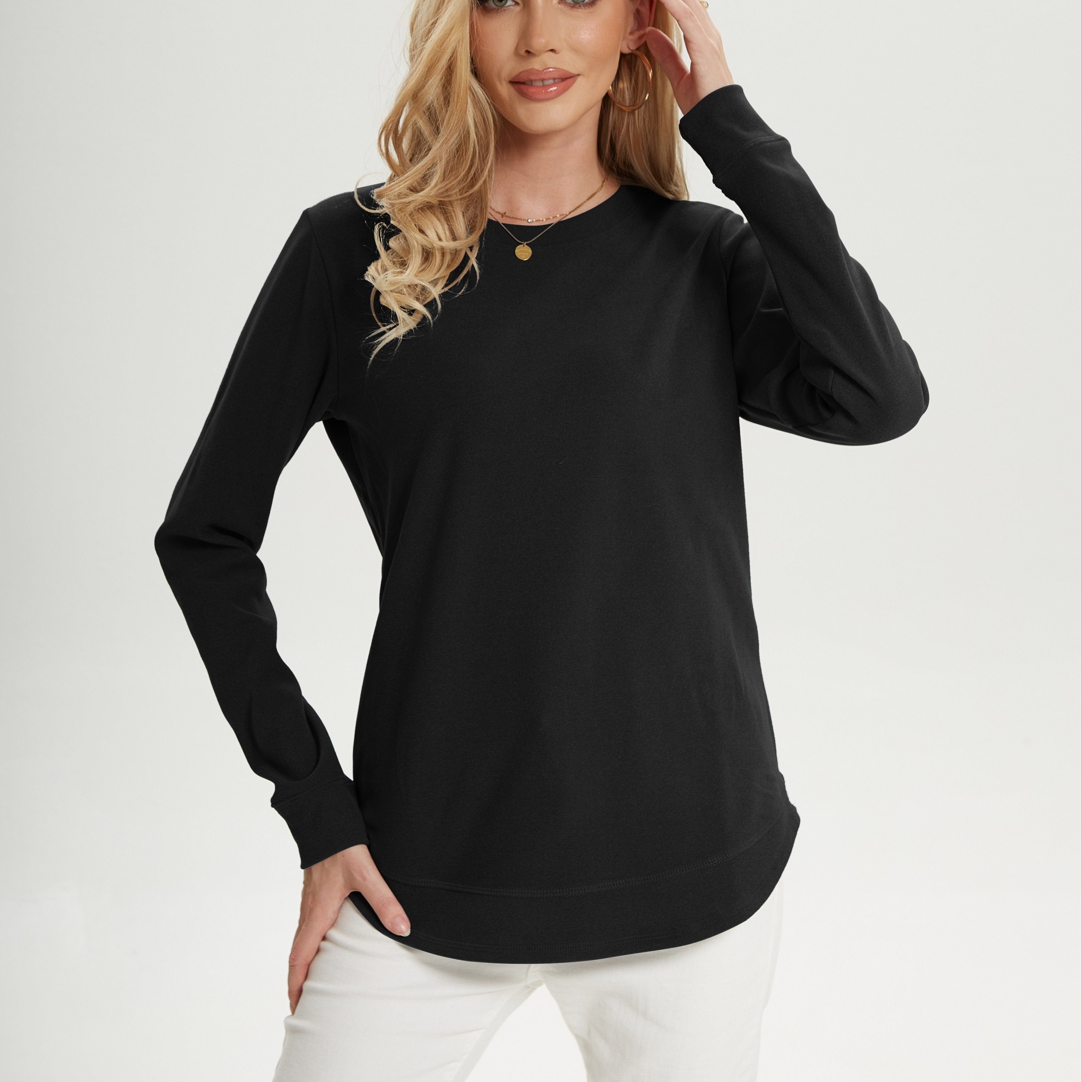 gbolsosWomen's Crew Neck Sweatshirts, Long Sleeve Casual Sports Loose Pullover Shirts With Curved Hem, Women's Clothing