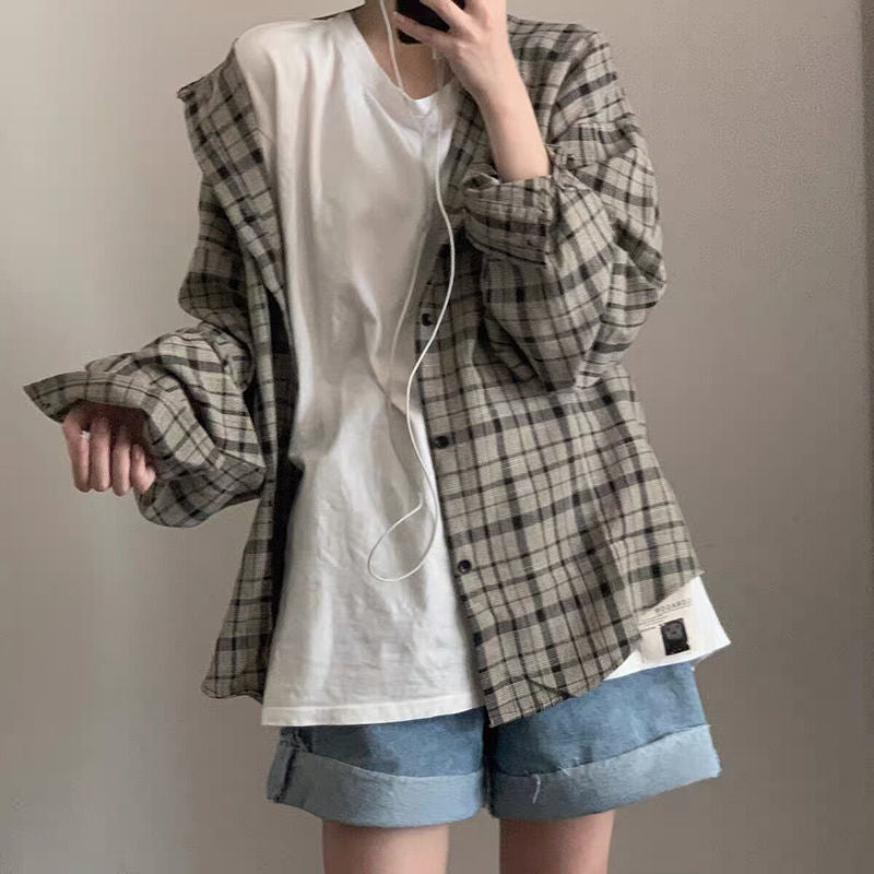 Gbolsos Retro Plaid Jackets Women Harajuku Unisex All-match Basic Teens Checkered Shirts Outwear Spring Single Breasted Couples Coats