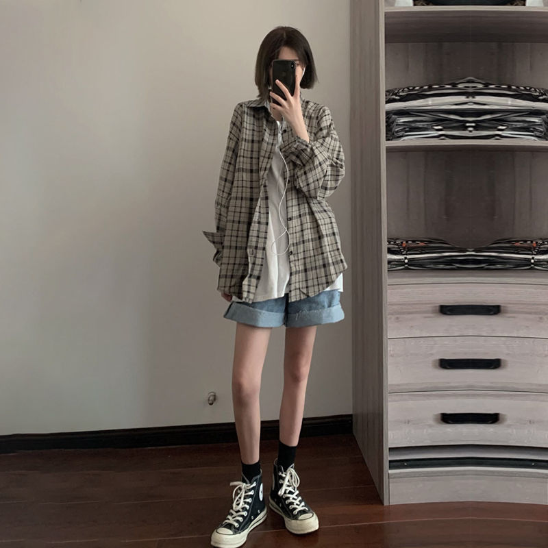 Gbolsos Retro Plaid Jackets Women Harajuku Unisex All-match Basic Teens Checkered Shirts Outwear Spring Single Breasted Couples Coats