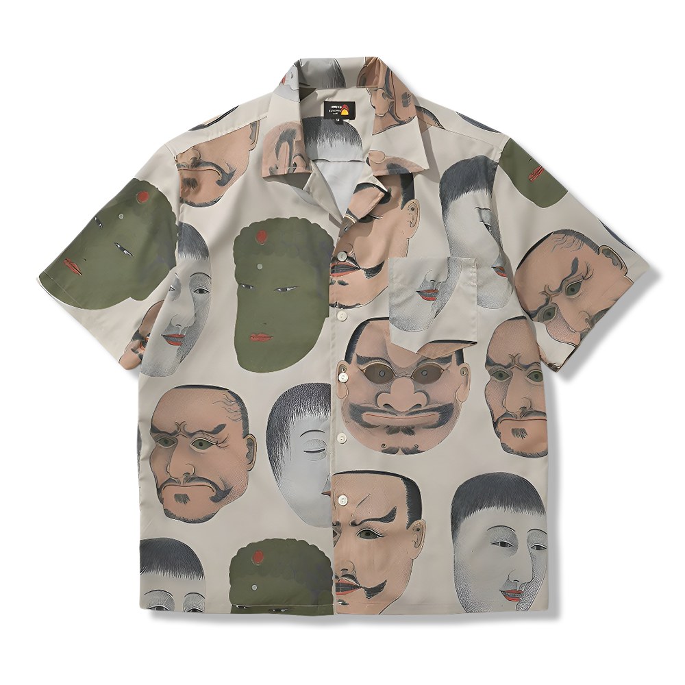 浮世絵　能面モチーフアロハシャツ