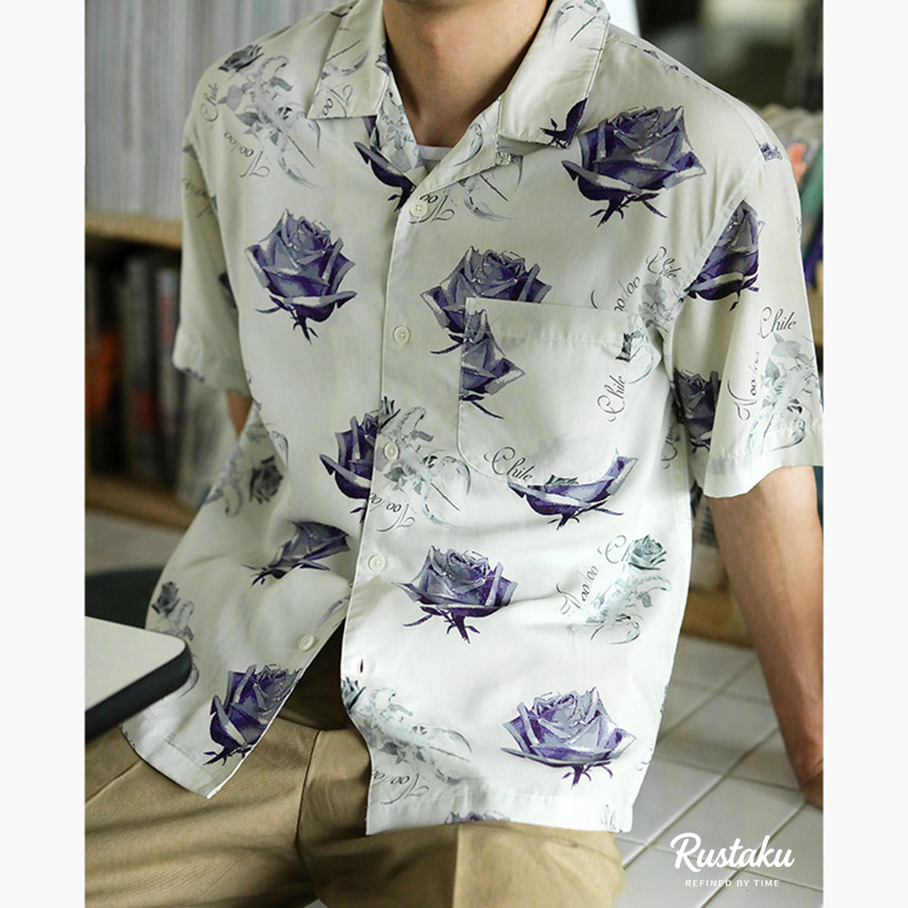冷感リヨセル　サソリとバラの総柄アロハシャツ