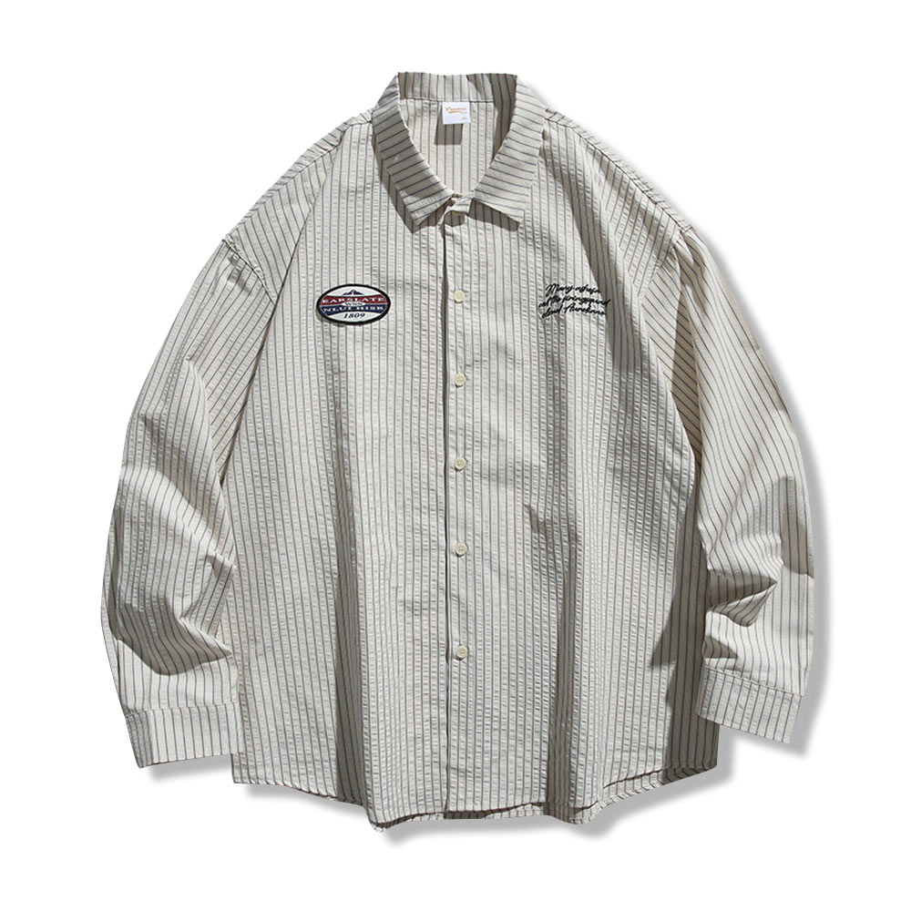 ストライプシアサッカー　刺繍ワッペン付きアメリカン長袖シャツ