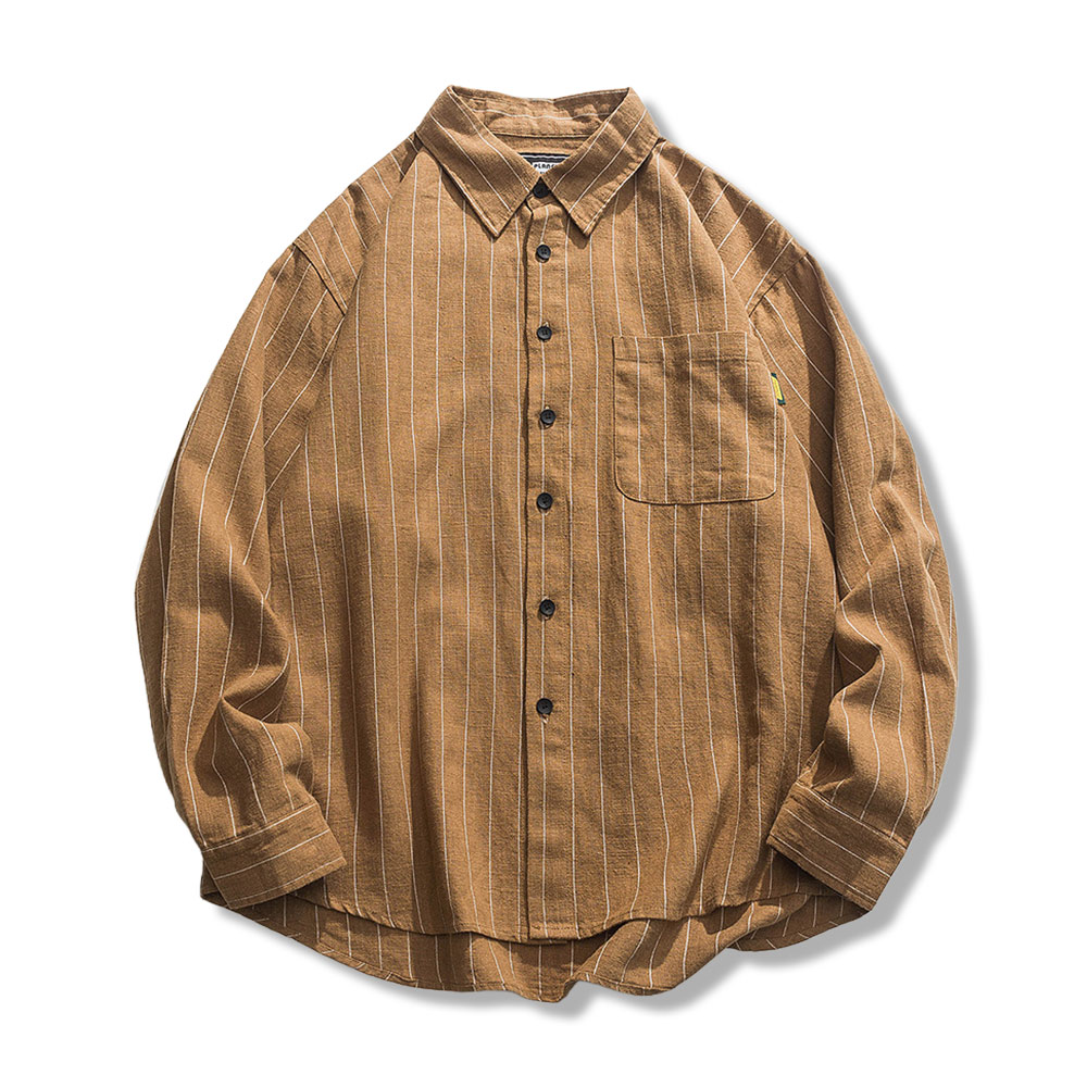 ビジネスカジュアル　ストライプコットンリネンシャツ長袖