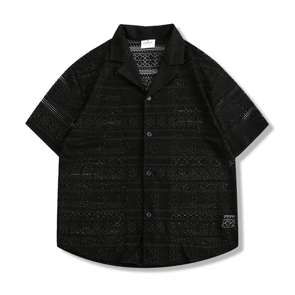 アメカジ　メンズ透かし彫りオープンカラーシャツ 半袖 