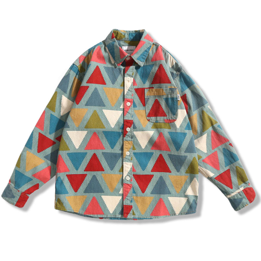 レトロカジュアル 　マルチカラートライアングル総柄シャツメンズ