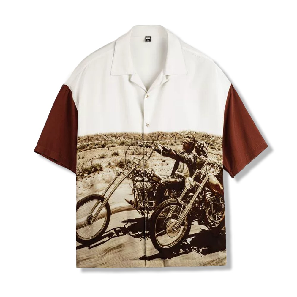 アメリカンヴィンテージモーター柄付き開襟シャツ