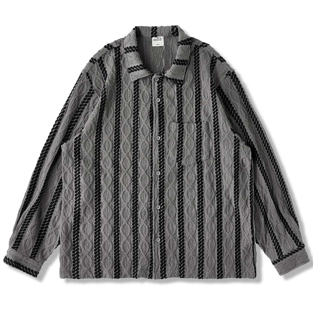 レトロエスニック調ジャカード　ストライプ長袖シャツ