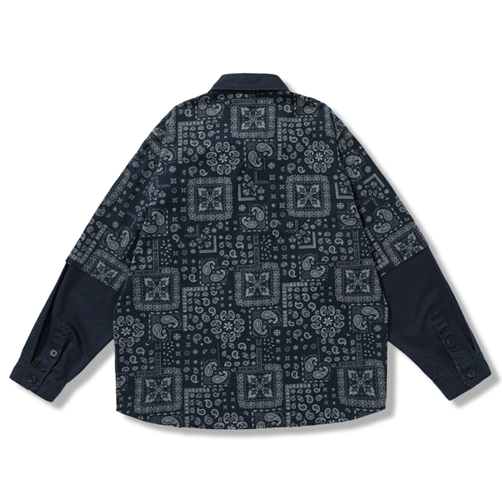 ペイズリー柄　切り替えワーク長袖シャツ