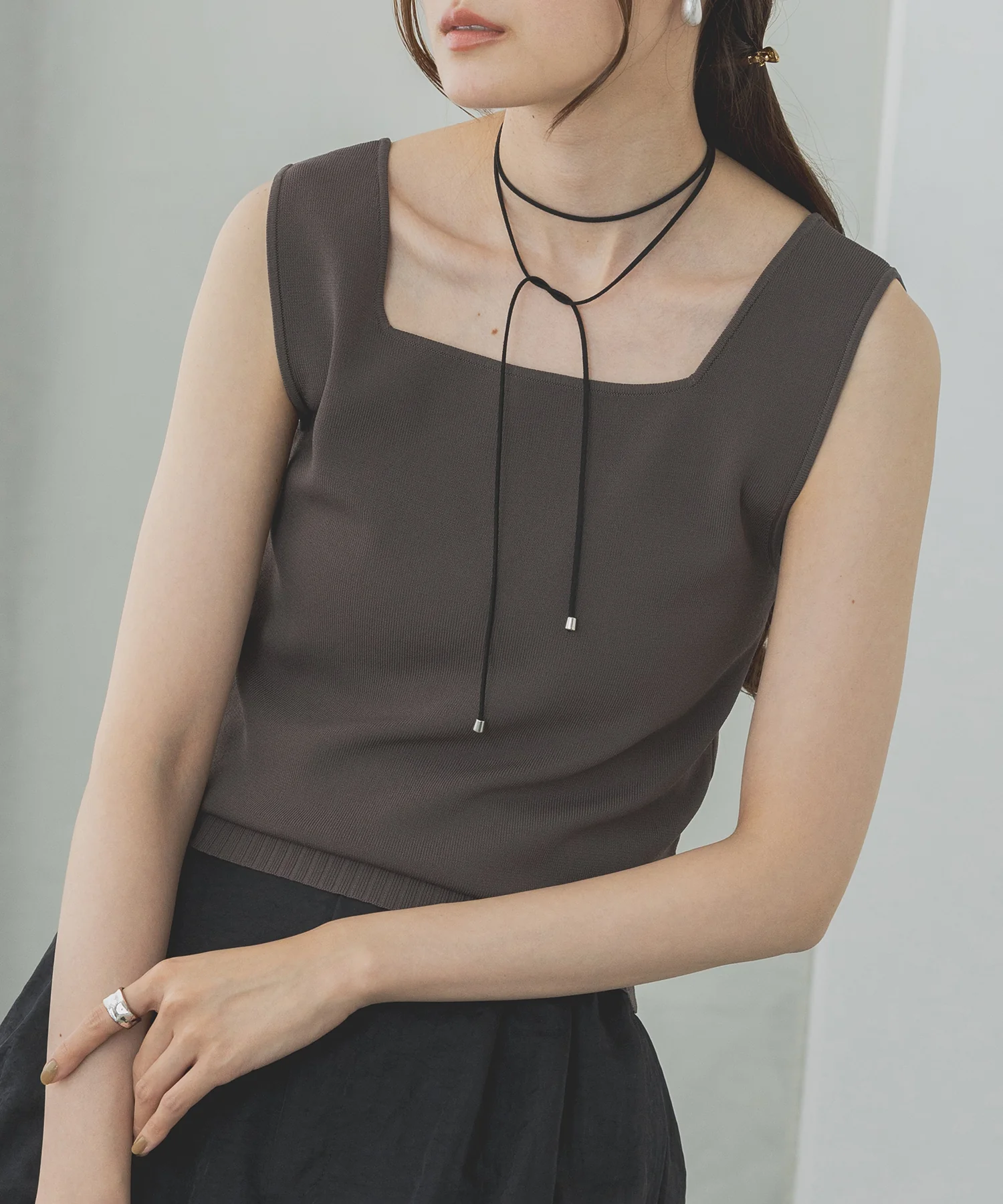 【新色追加】無地 スクエアニットタンクトップ