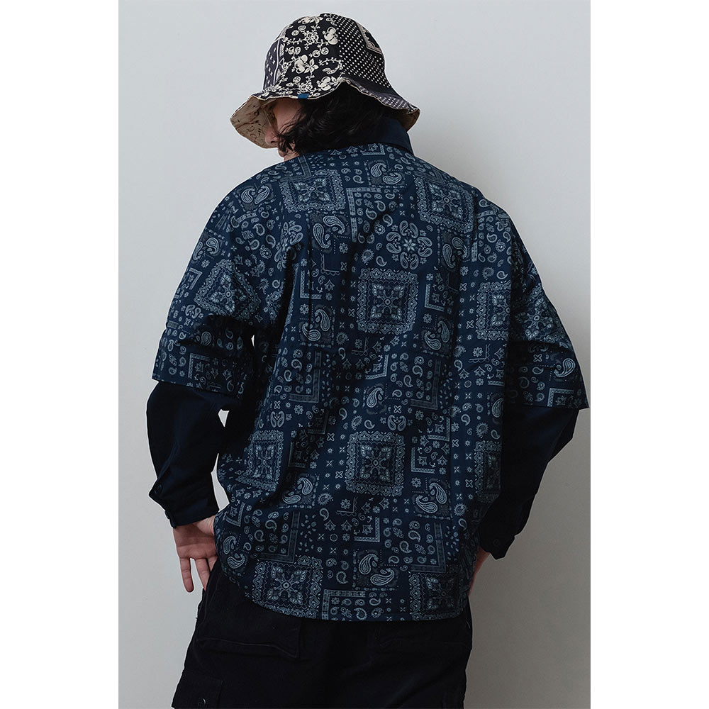 ペイズリー柄　切り替えワーク長袖シャツ