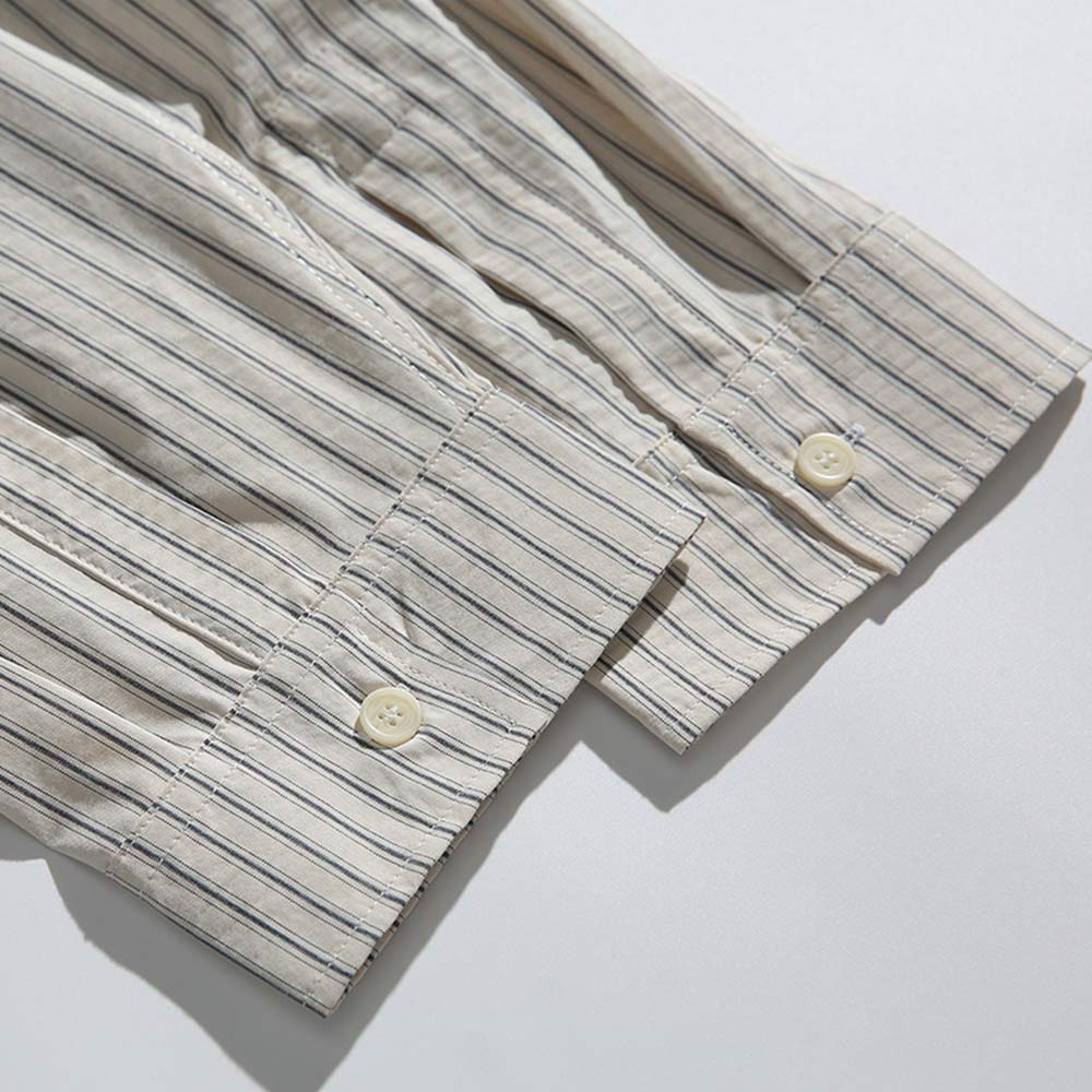 ストライプシアサッカー　刺繍ワッペン付きアメリカン長袖シャツ