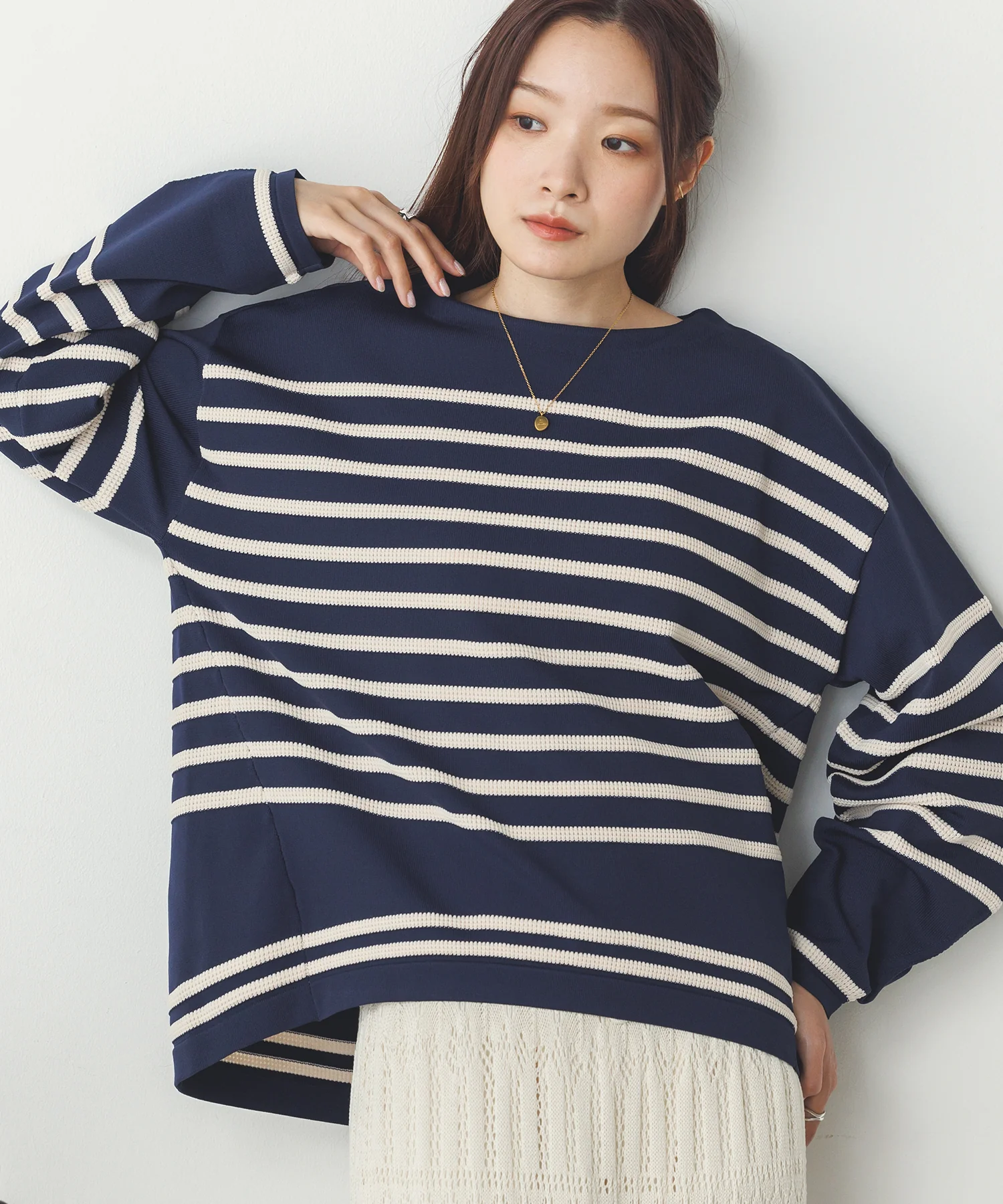 スポンディッシュ 柄編みボーダーニット