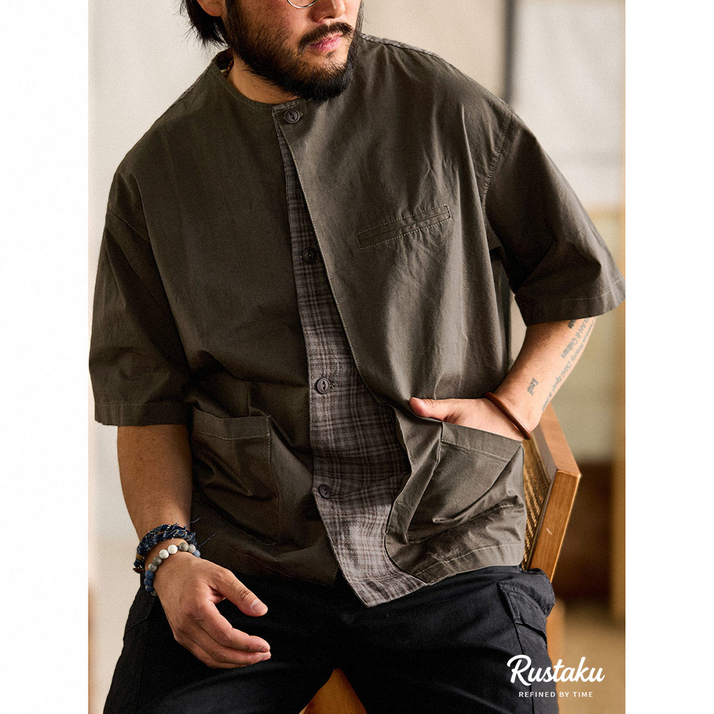 チェック柄切り替え　和風ノーカラーシャツ半袖