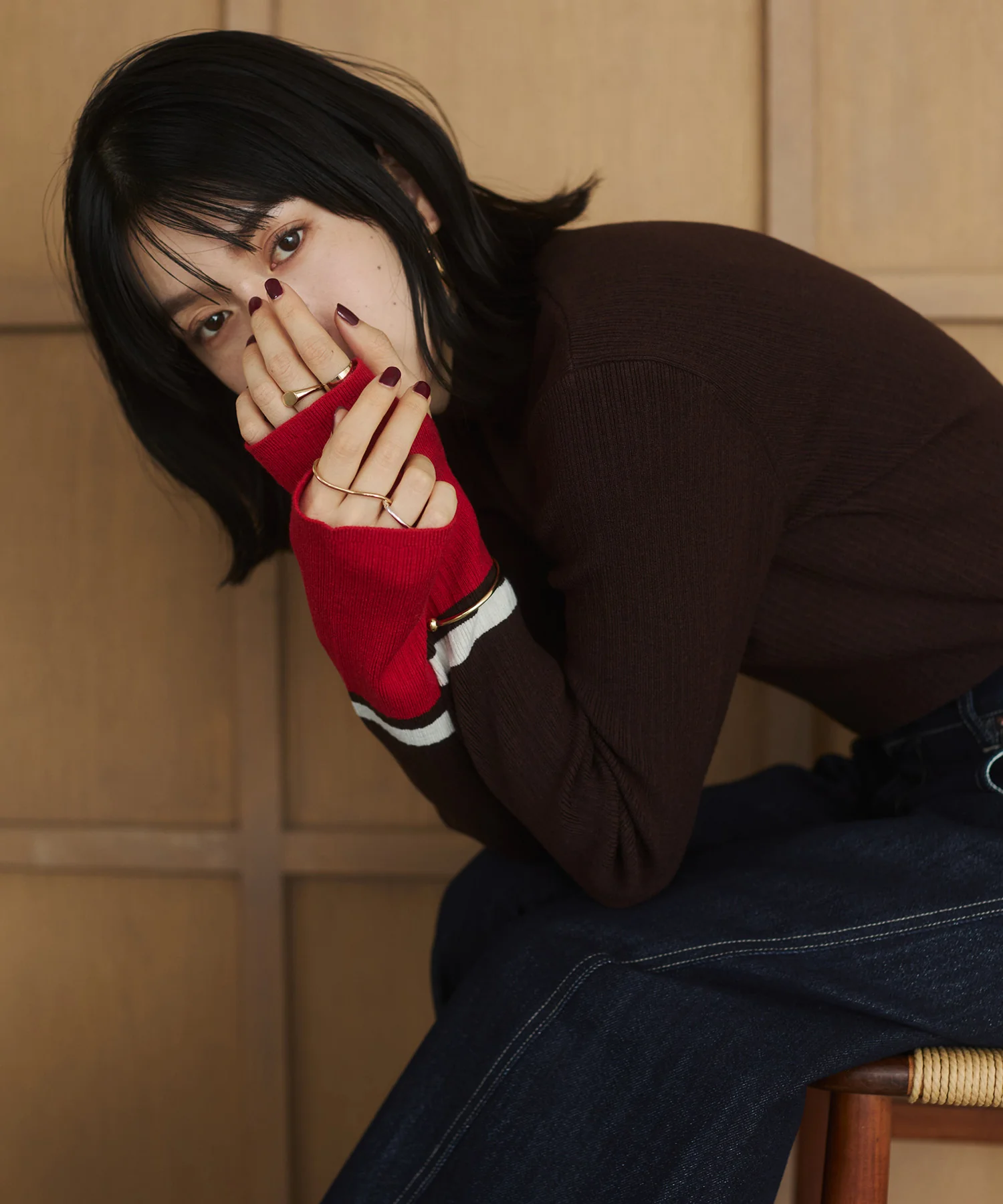 【静電気防止】やわもちヤーン 袖配色 ハイネックリブニット