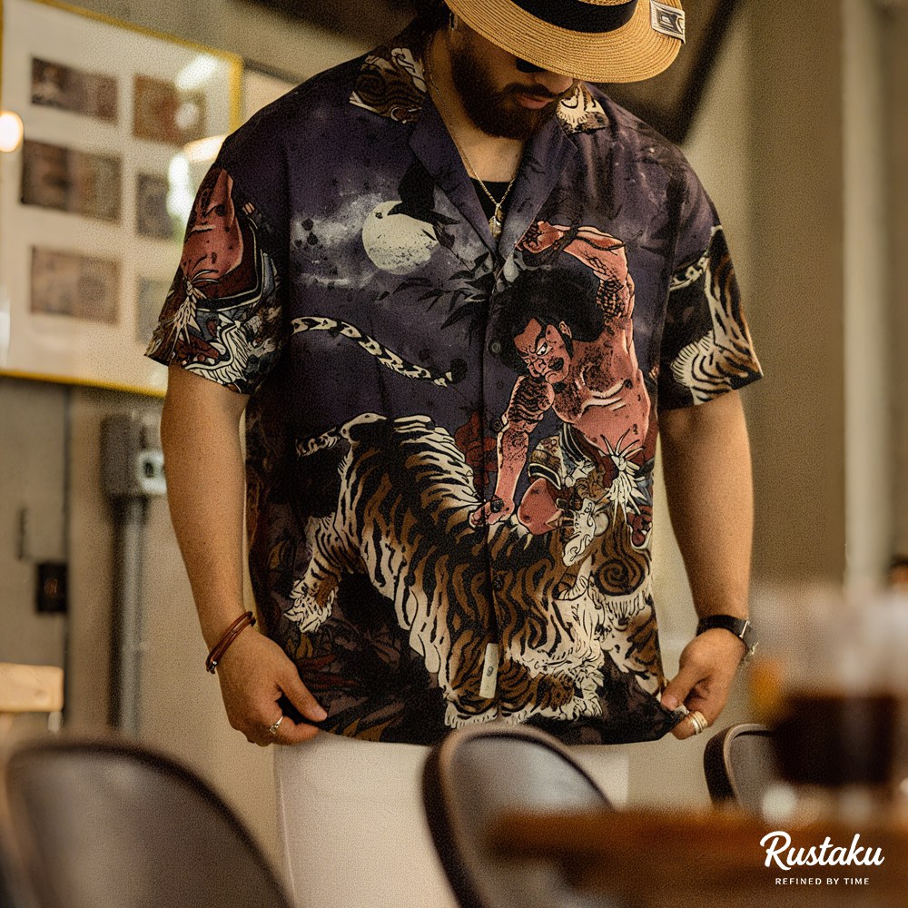 「水滸伝・武松の虎退治」浮世絵タッチ クールタッチキューバカラーシャツ半袖