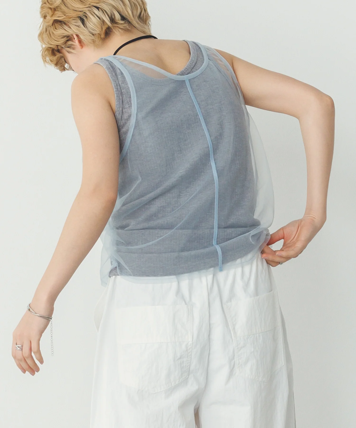 チュールレイヤード リブタンクトップ