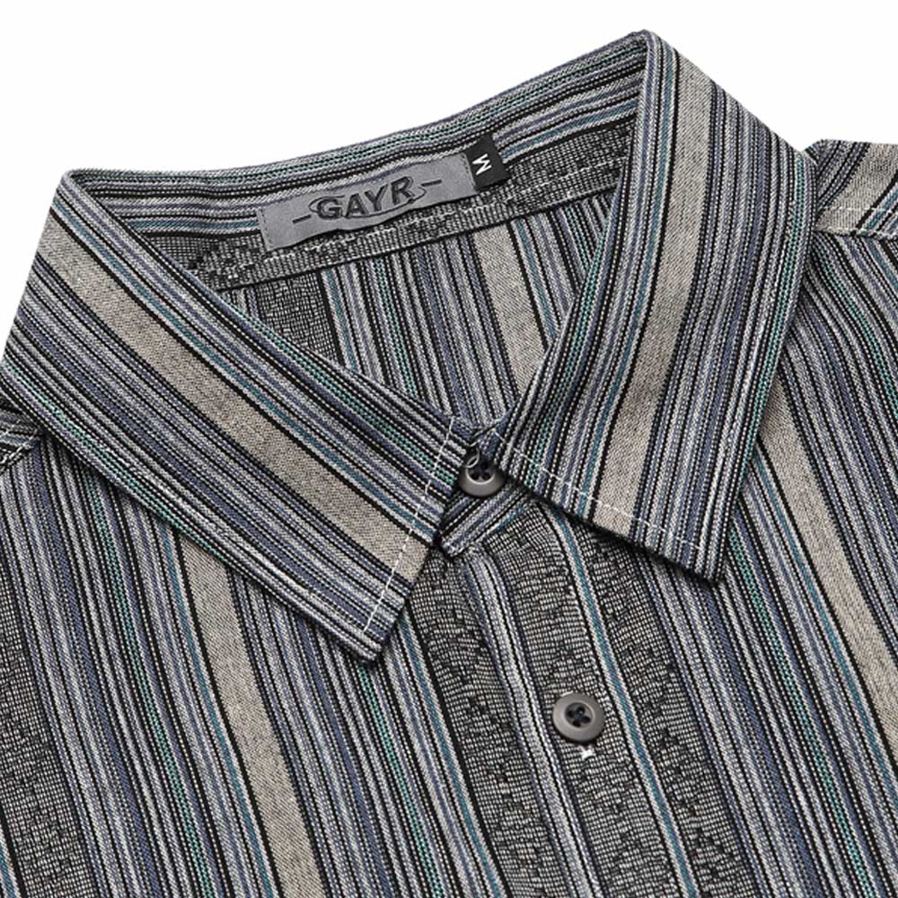 和風先染めストライプ　幾何柄ジャカード半袖シャツ