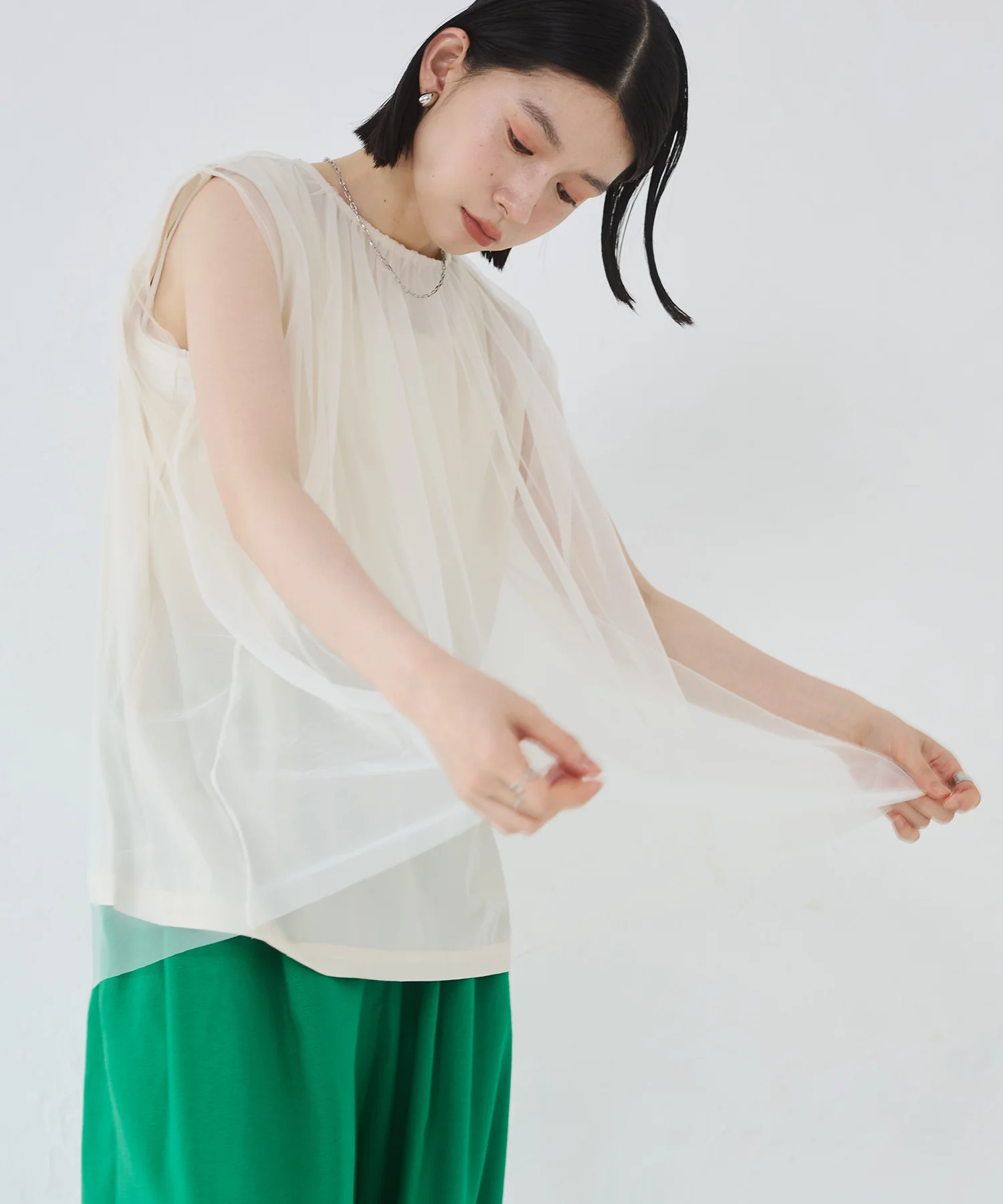 【接触冷感】チュールレイヤードトップス