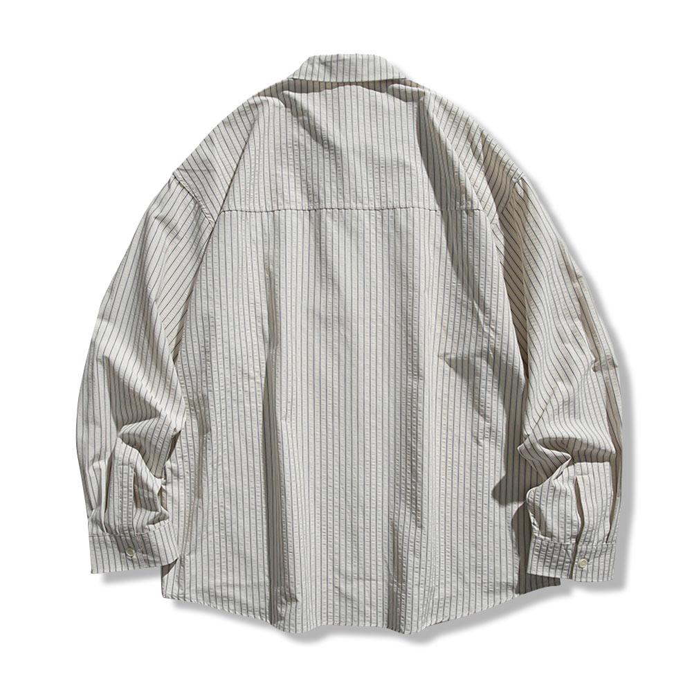 ストライプシアサッカー　刺繍ワッペン付きアメリカン長袖シャツ