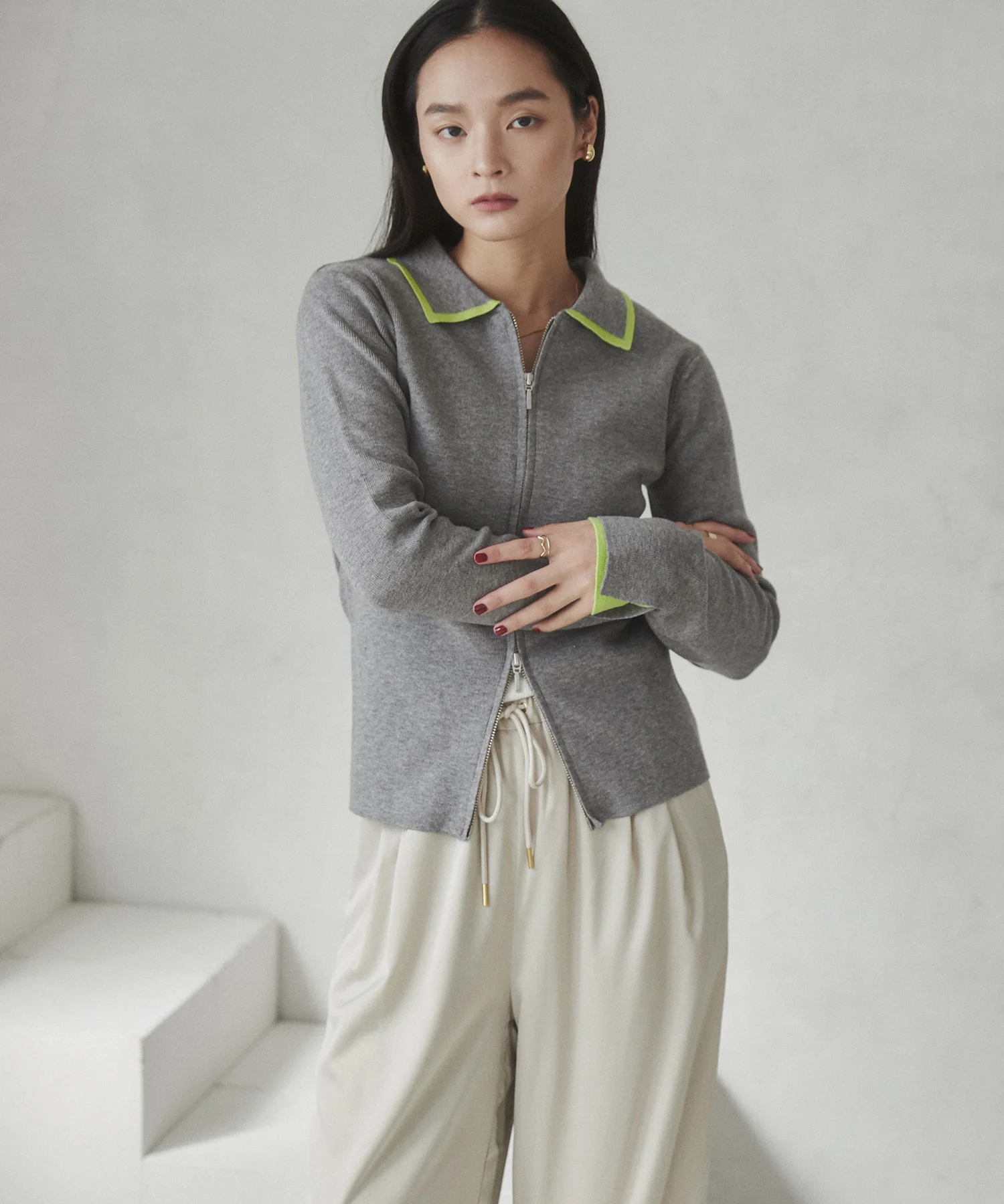 【静電気防止】やわもちヤーン Wジップポロニット