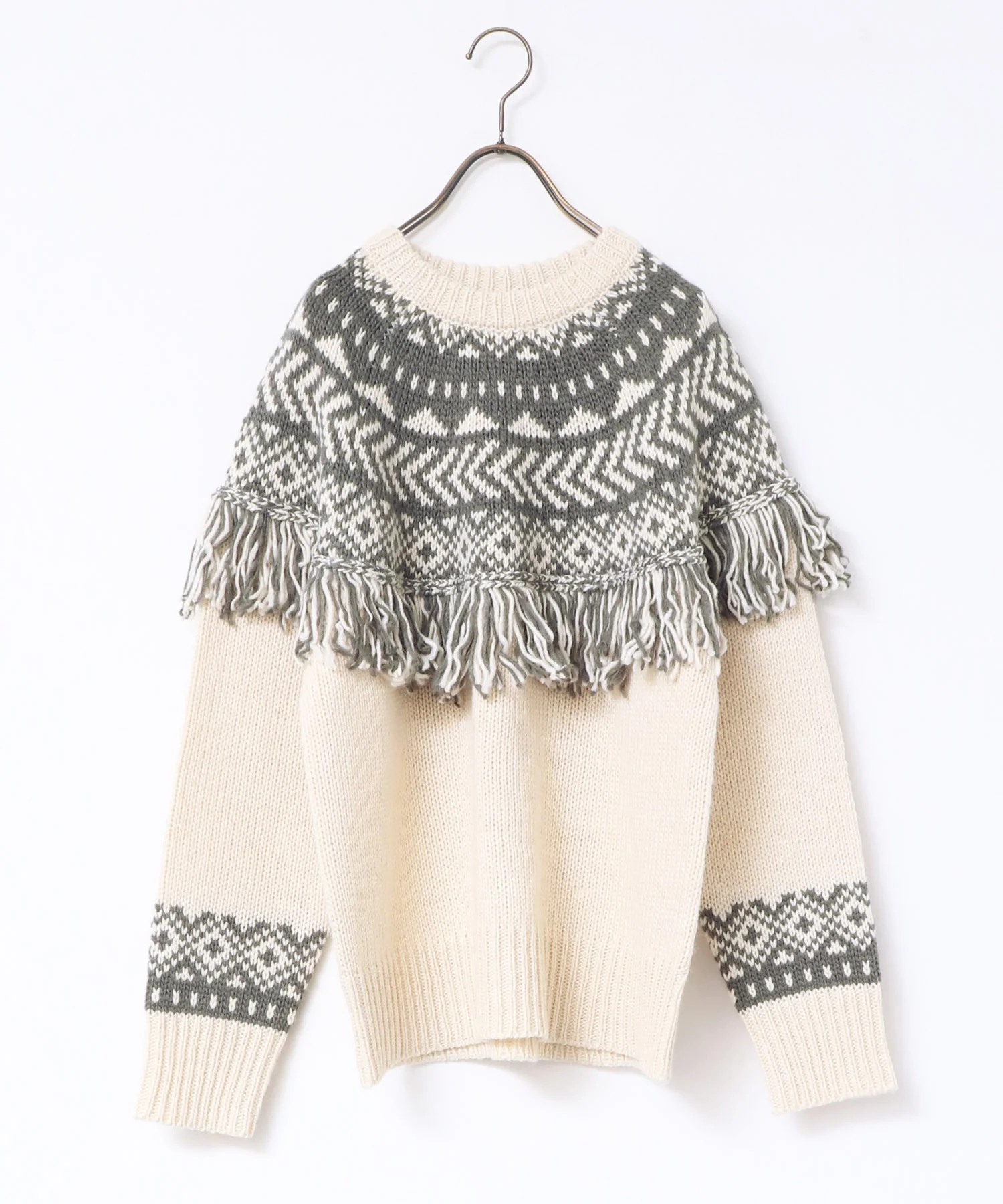 ロービングジャカードフリンジニット | 秋冬 長袖 クルーネック ウール