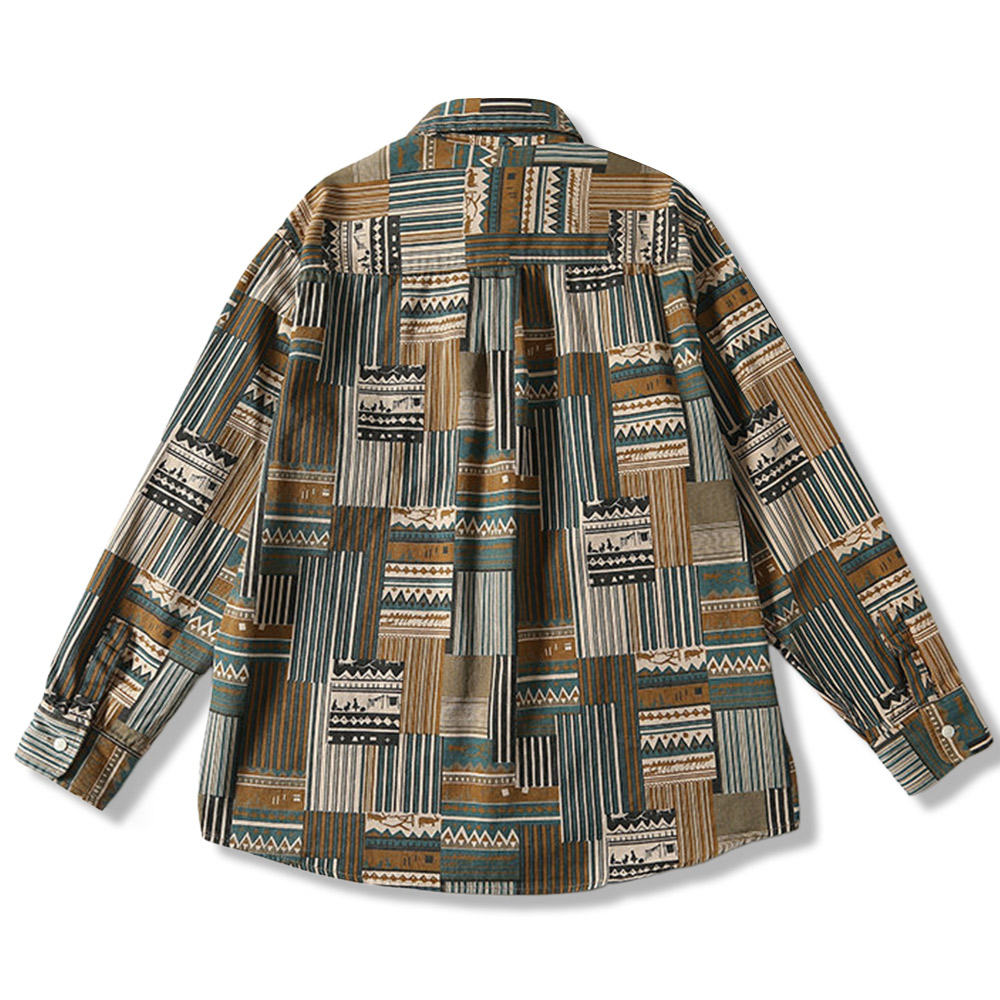 襤褸風エスニック柄パッチワークプリント　長袖シャツ