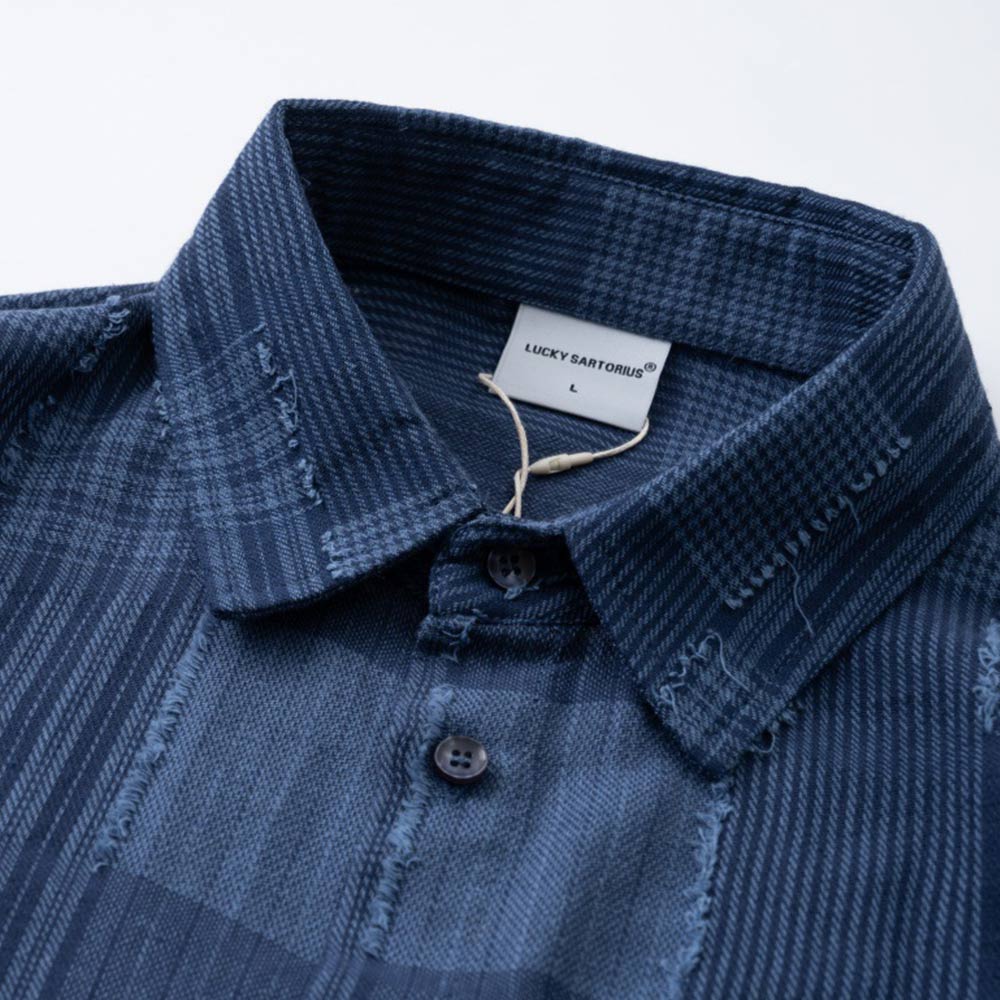 和風ストライプパッチワーク先染め　テクスチャー生地長袖シャツ