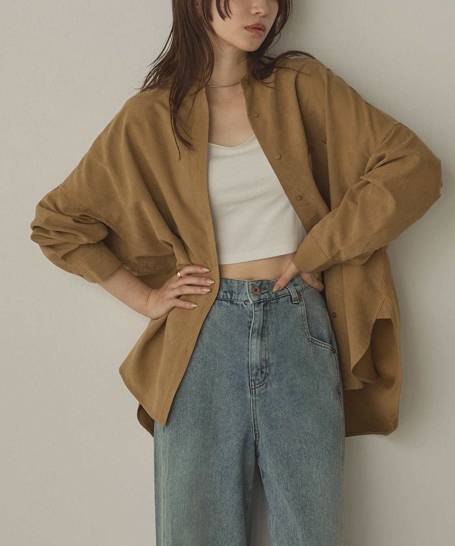 【WEB限定/別注】スウェードライク バンドカラーオーバーサイズシャツ