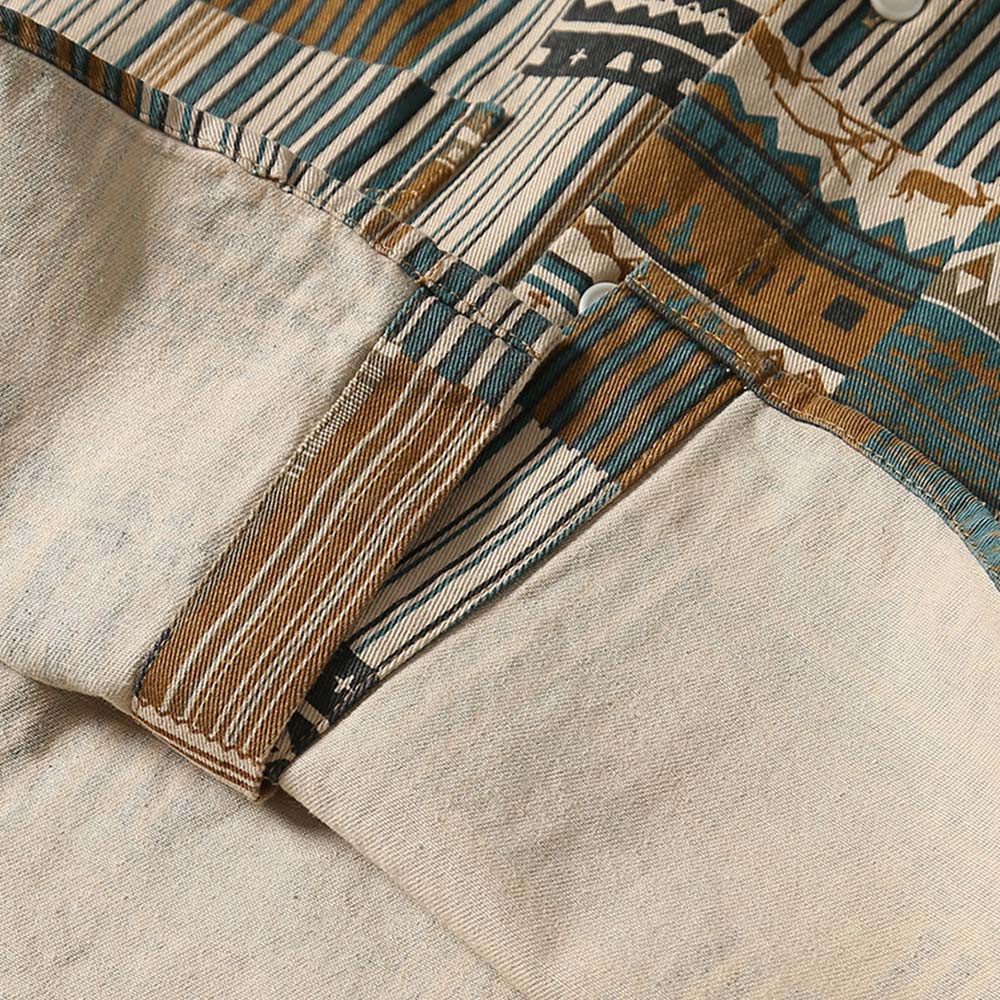 襤褸風エスニック柄パッチワークプリント　長袖シャツ